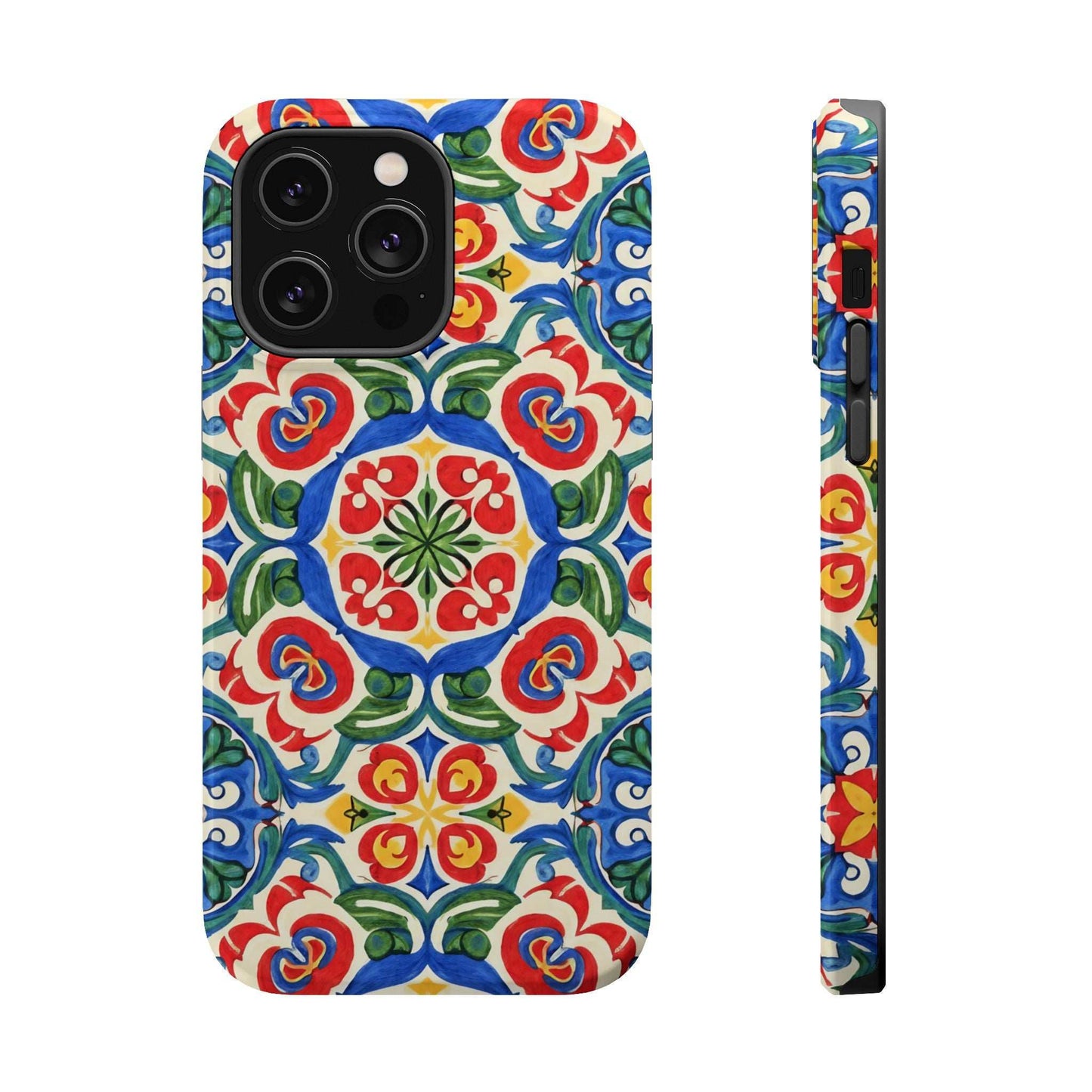 Mediterranean iPhone Case with colorful folk tile art pattern and MagSafe protection