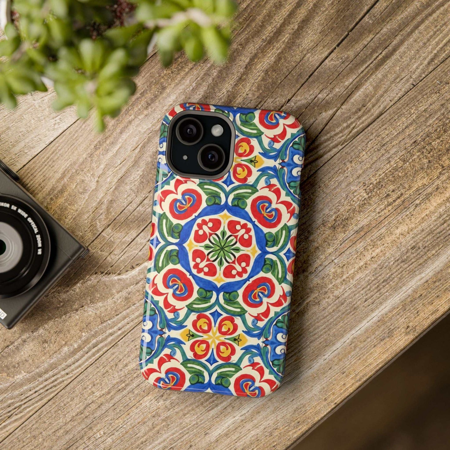 Mediterranean iPhone case with colorful hand-painted folk tile pattern, impact-resistant and MagSafe compatible