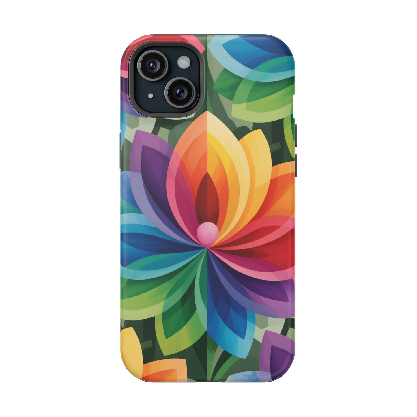 Rainbow Flower iPhone Case with vibrant colorful floral design, durable protective cover with MagSafe compatibility