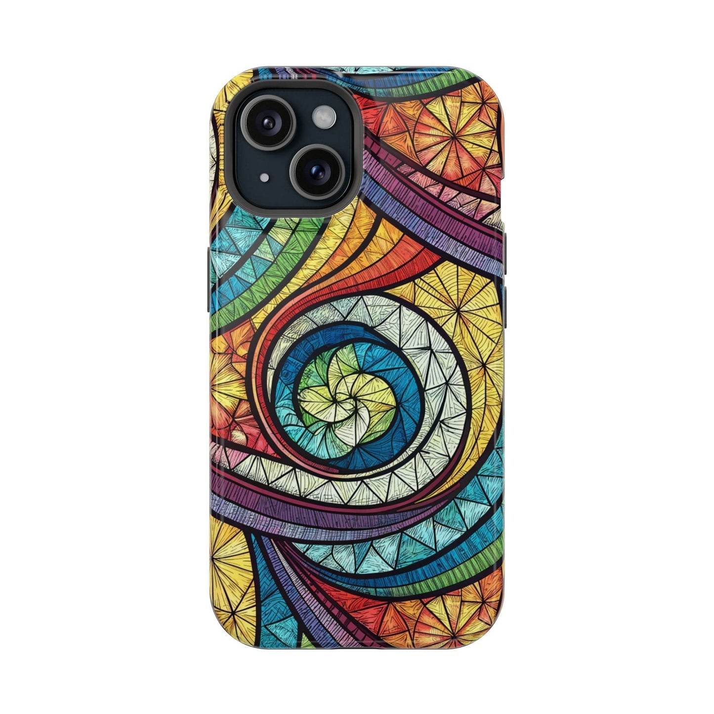 iPhone case with stained glass inspired rainbow swirl design, durable dual-layer protection, and MagSafe compatibility