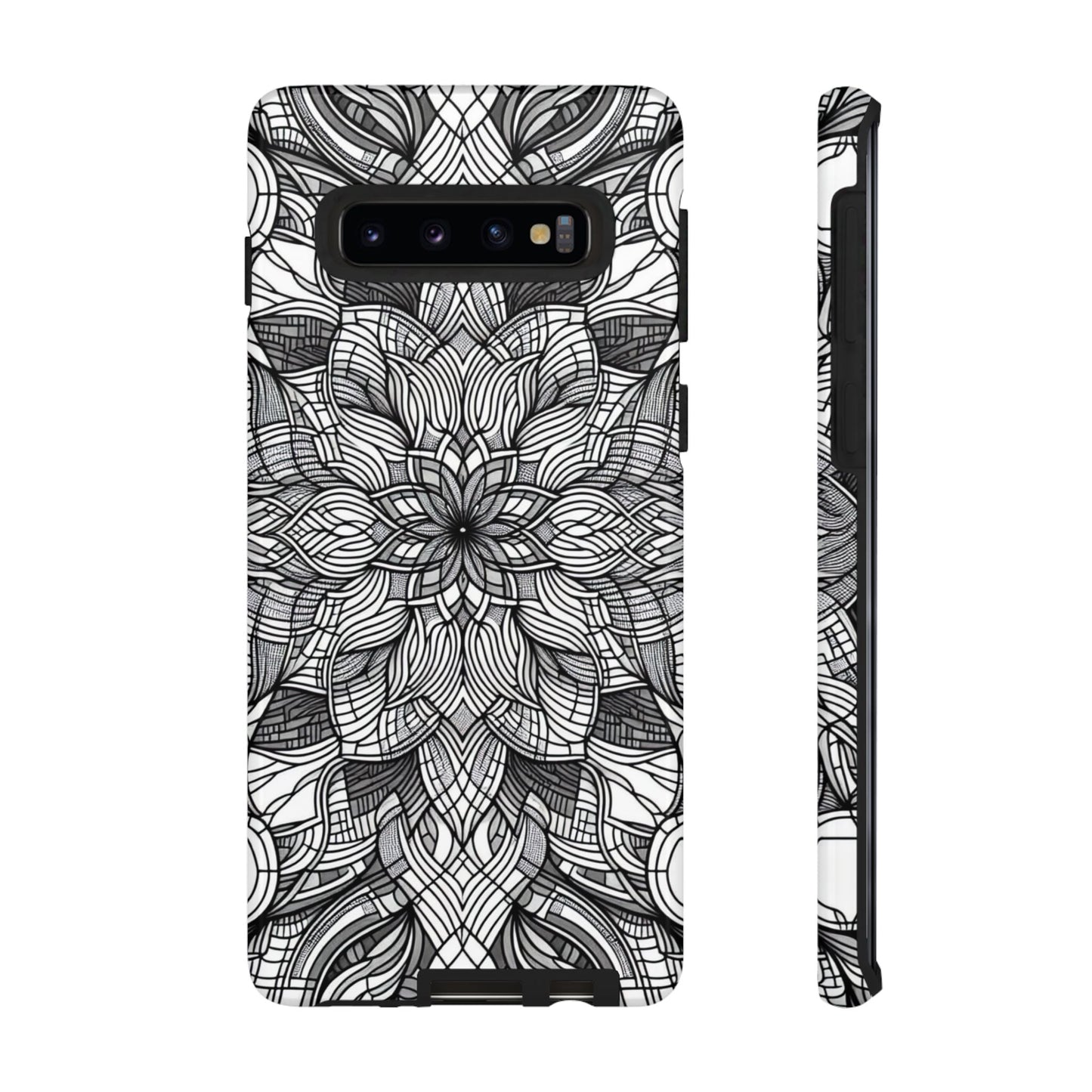 Samsung phone case with black and white art explosion floral pattern design and full protection for Samsung Galaxy models