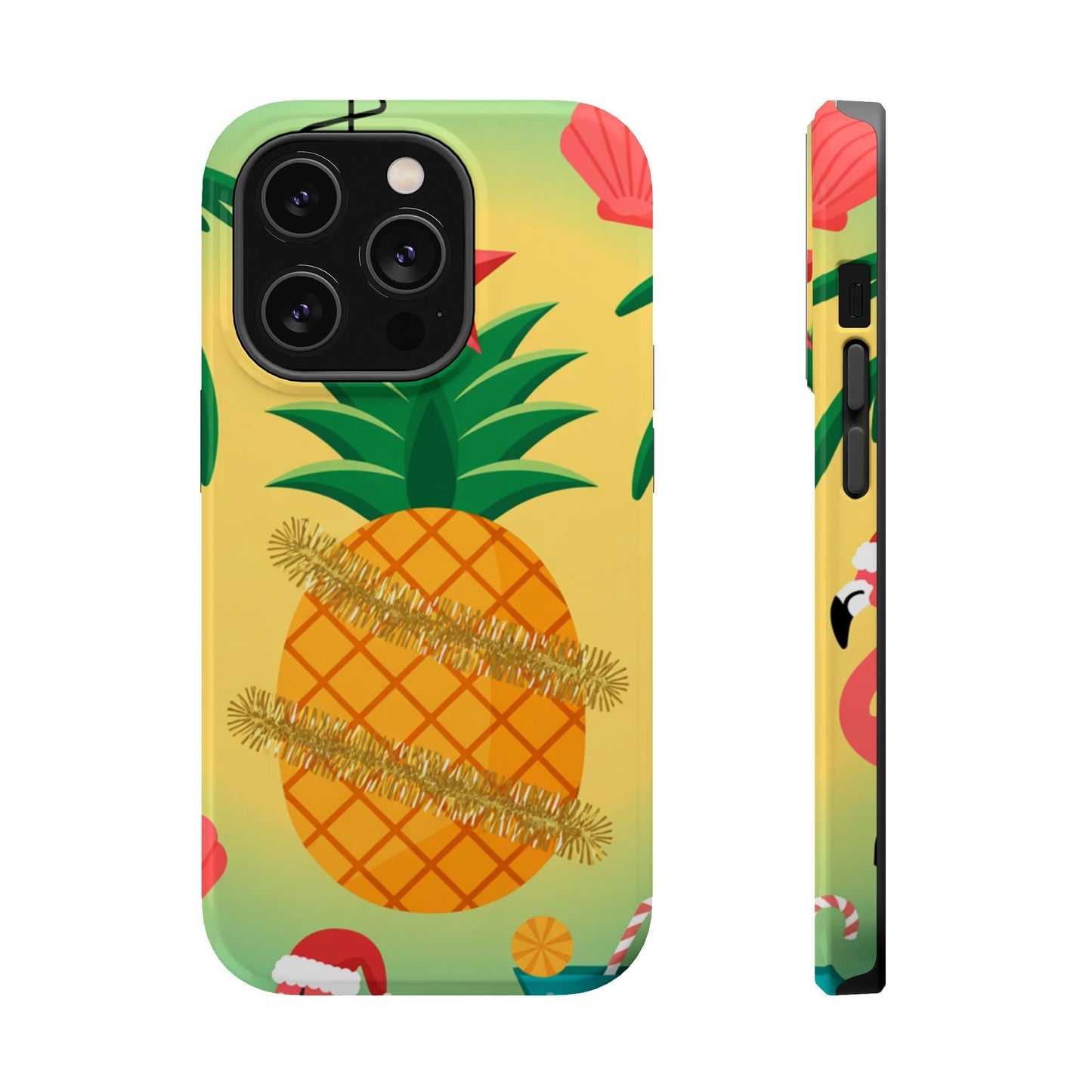 iPhone case with festive pineapple Christmas design, durable polycarbonate, MagSafe compatible