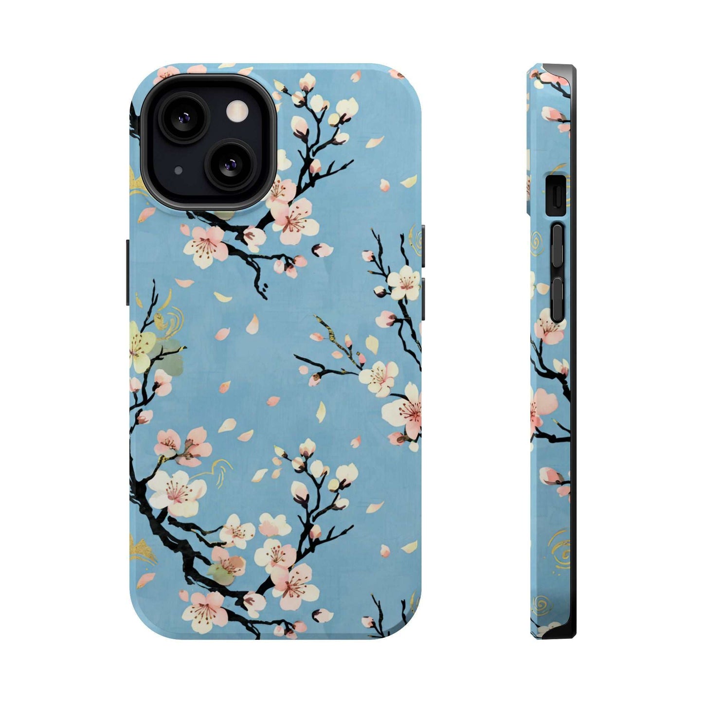 Spring Bloom iPhone Tough Case with floral design and MagSafe compatibility on blue background