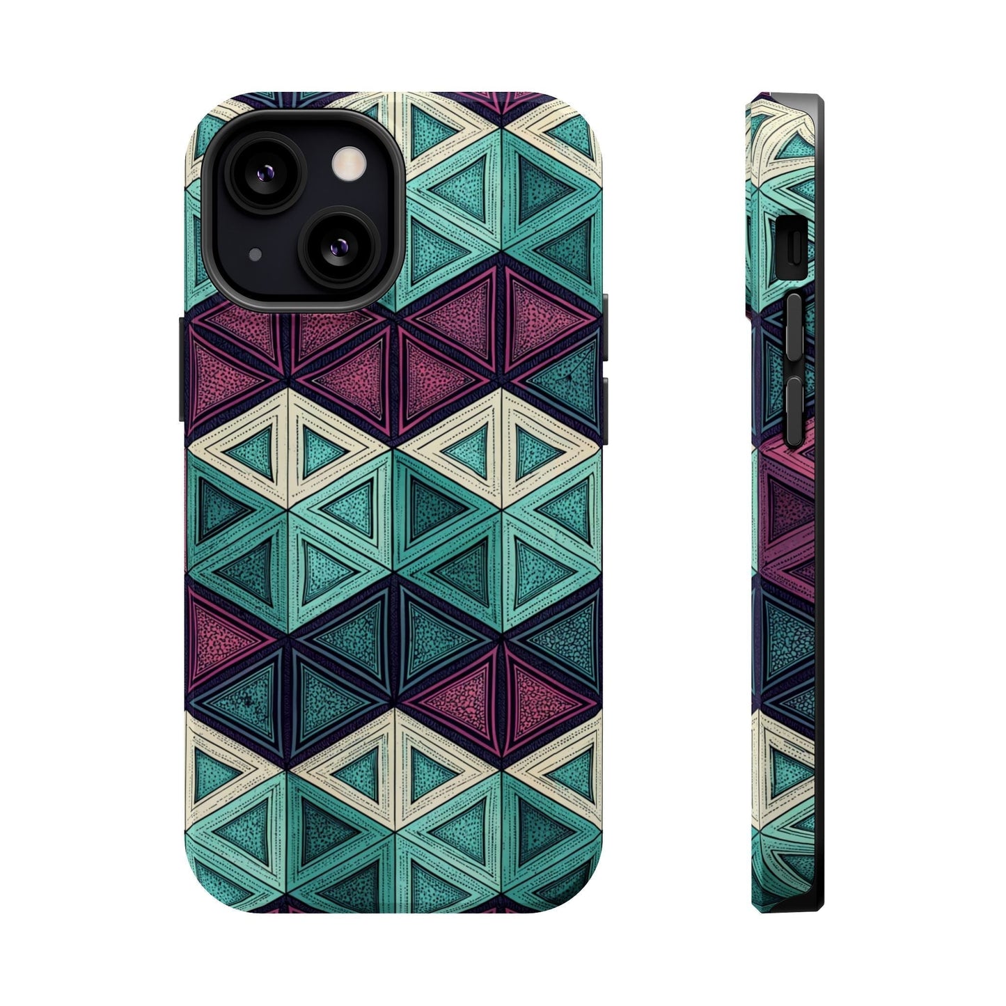 Purple and teal abstract geometric pattern magnetic tough iPhone case with MagSafe compatibility and dual-layer protection