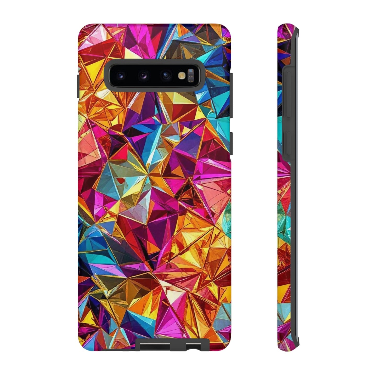 Samsung phone case with vibrant rainbow foil geometric design, durable and impact resistant protection.