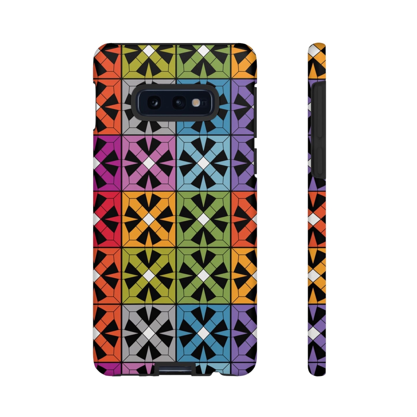 Samsung Galaxy case with durable shockproof protection featuring a colorful rainbow abstract design pattern.
