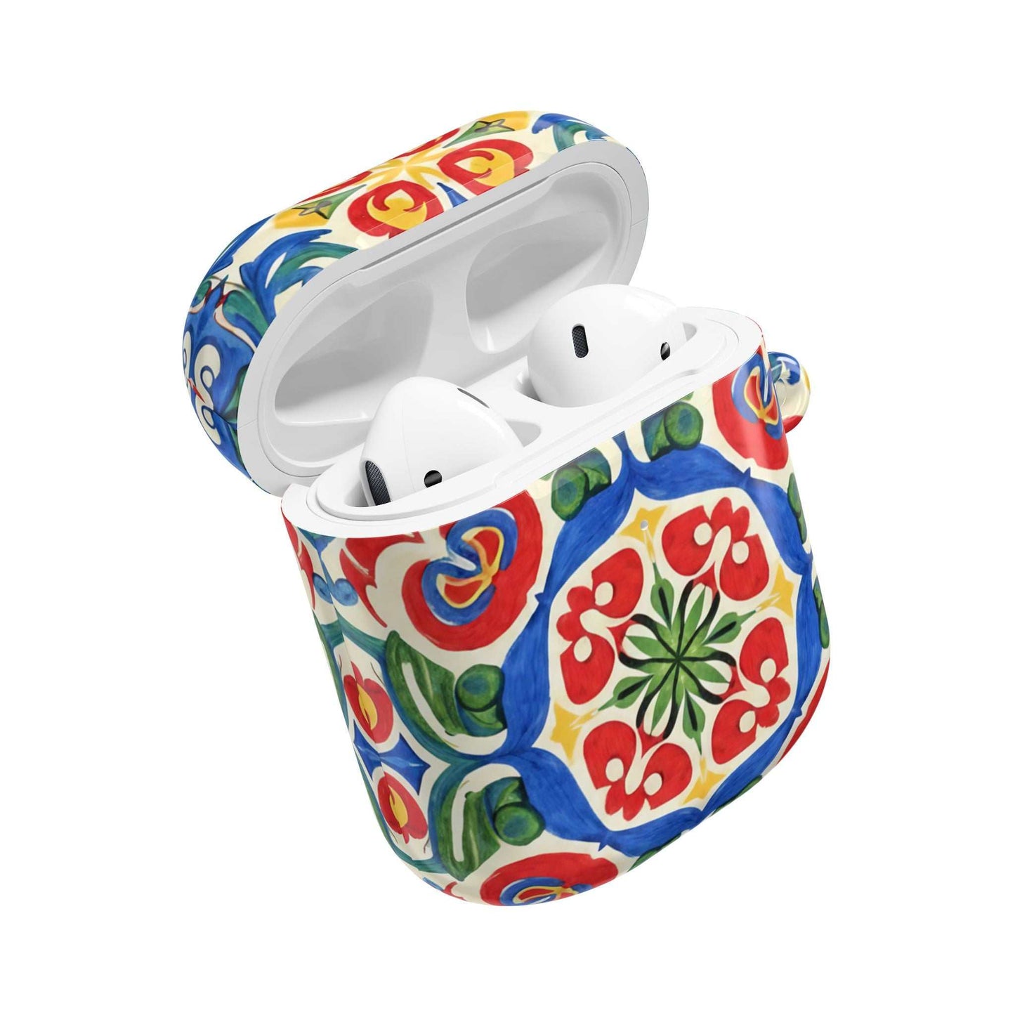 Mediterranean hand-painted folk tile design AirPods case in vibrant blues and terracotta with glossy finish and carabiner clip