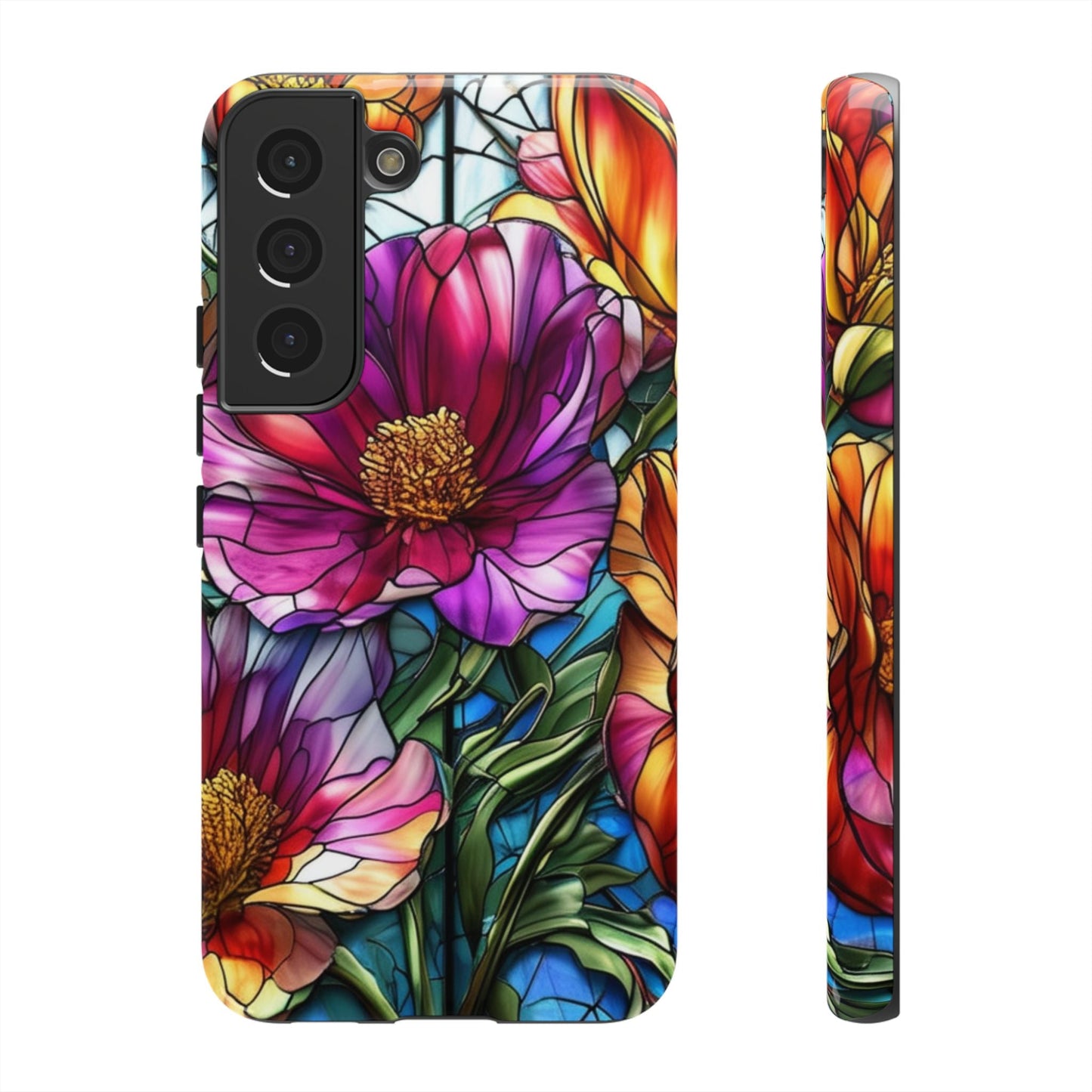 Samsung phone case with vibrant purple flower design, durable impact-resistant protection, and UV-resistant full wrap print