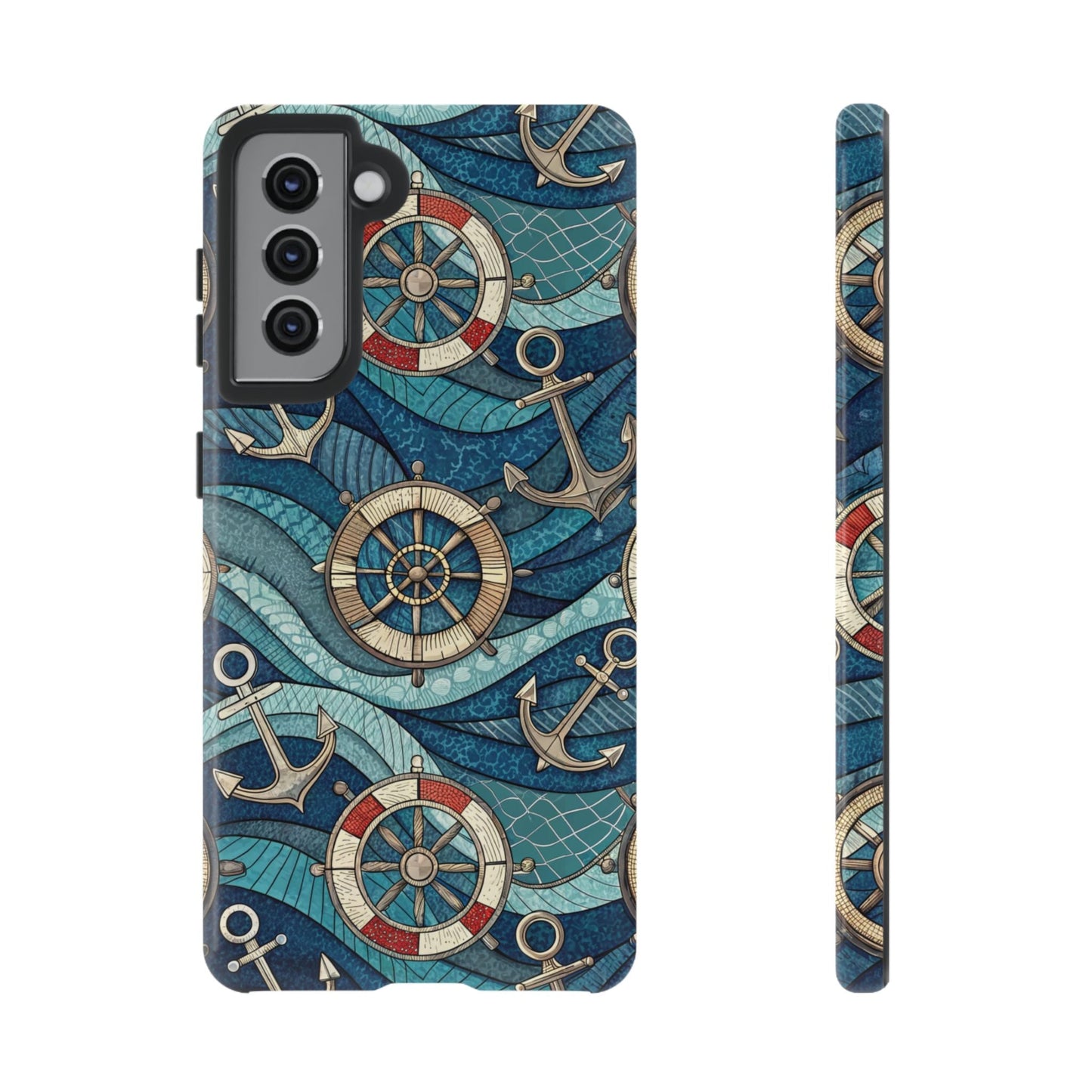 Samsung tough case with nautical anchor and life preserver design on blue waves pattern
