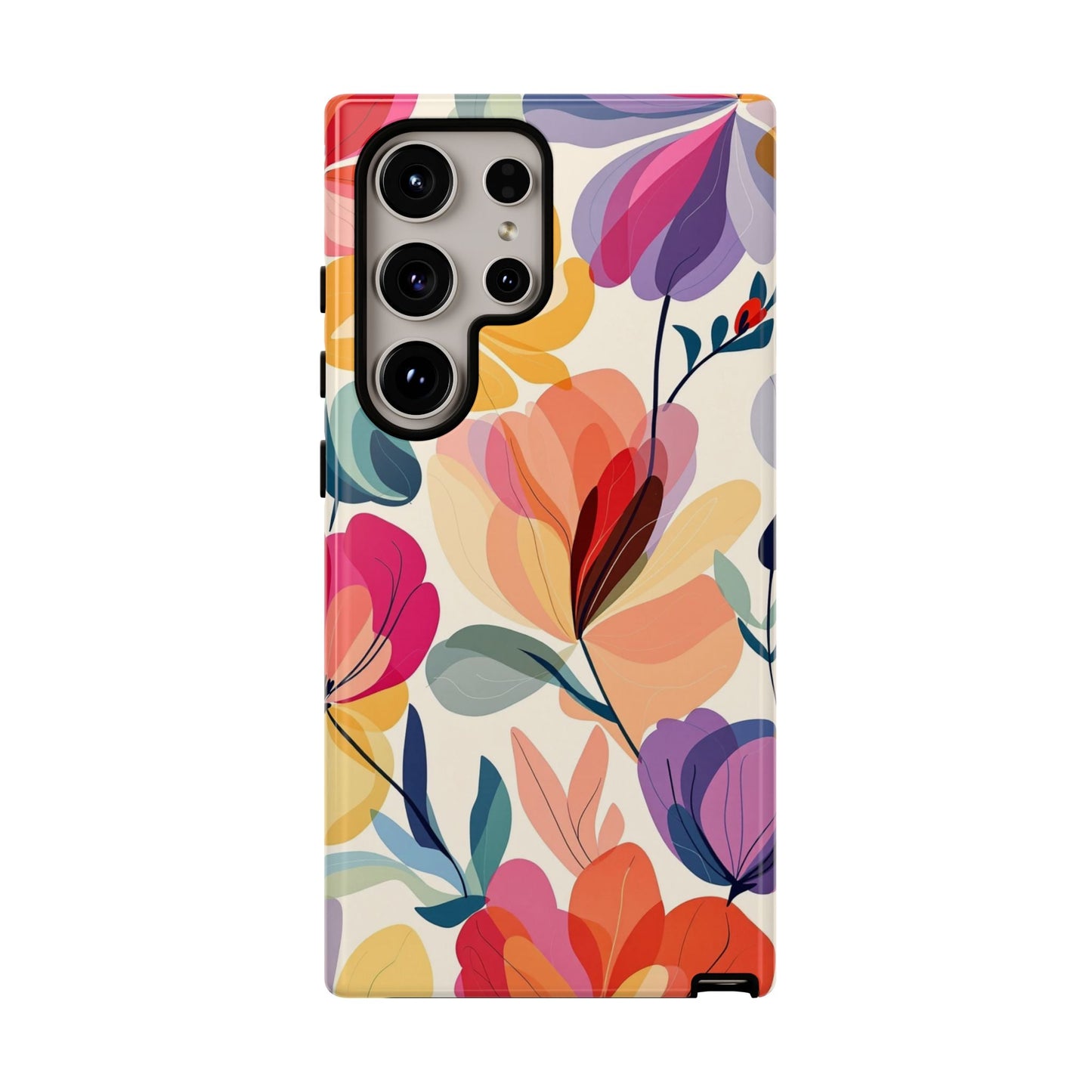 Samsung phone case with colorful watercolor floral design, tough shock-absorbent protection, and UV resistant finish.