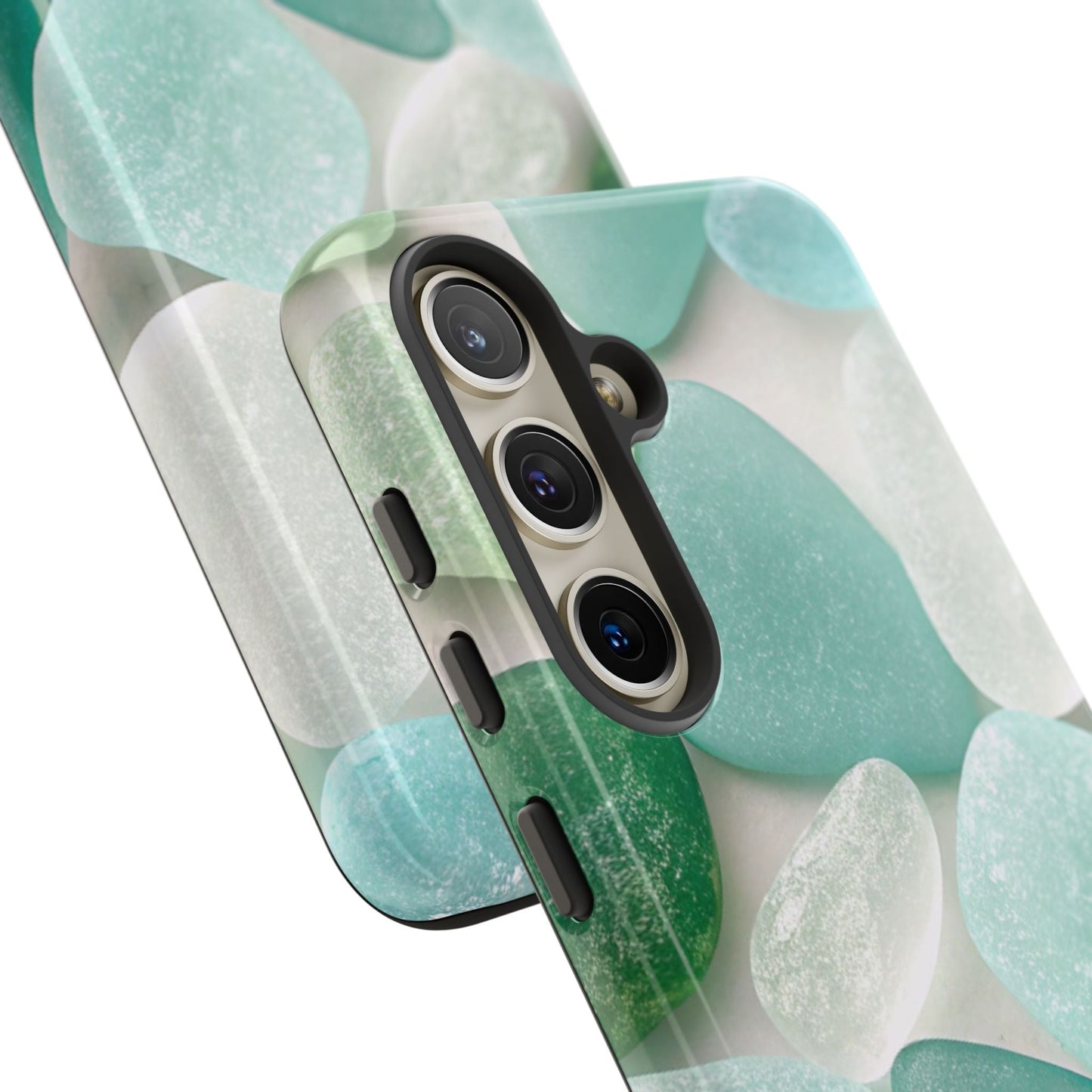 Samsung phone case with sea glass design in calming blue and green tones, durable and impact-resistant for Galaxy S series models