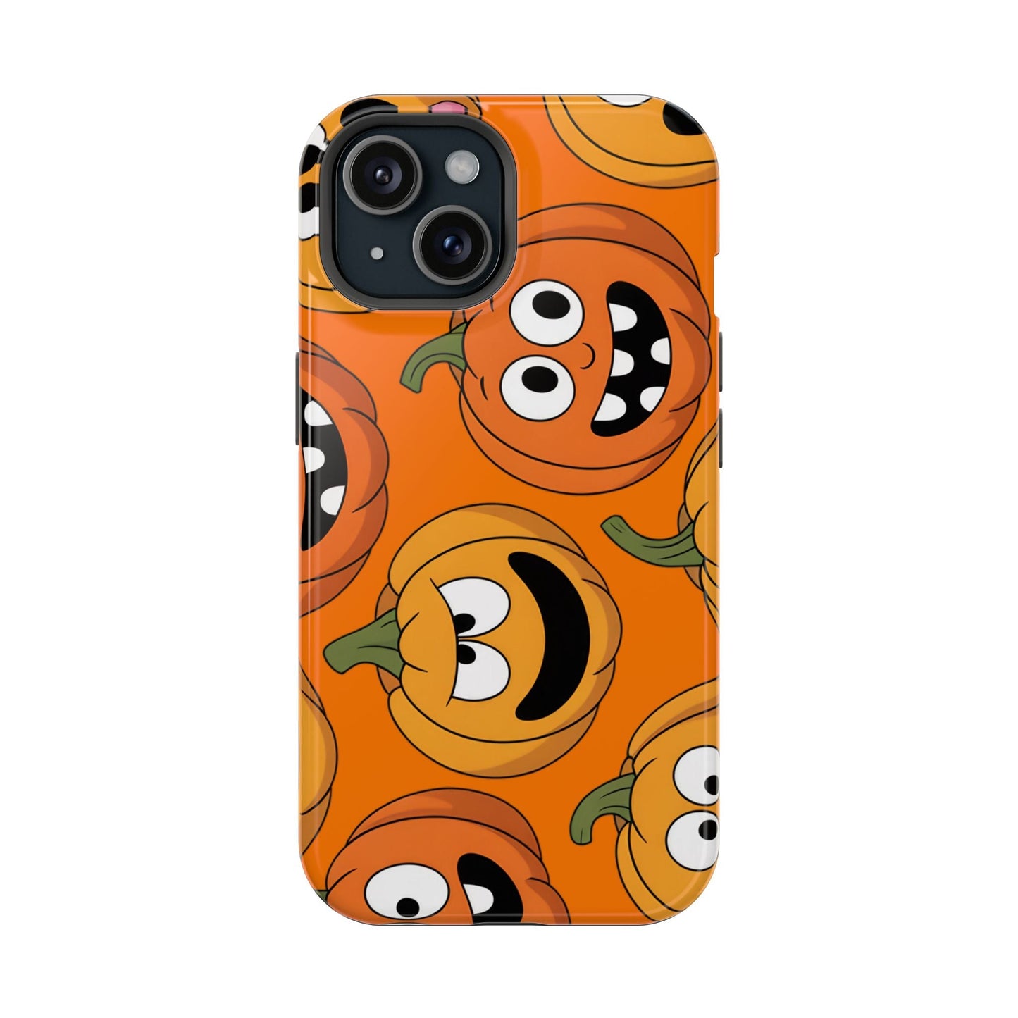 iPhone case with Moody Pumpkins Design featuring vibrant, cartoonish pumpkin faces in orange tones, durable polycarbonate protection