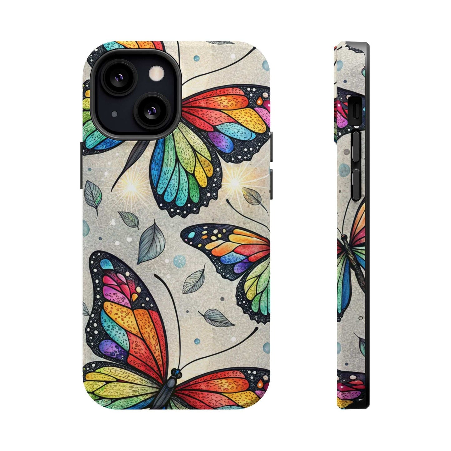 Vibrant Rainbow Butterfly iPhone case with colorful butterfly design, dual-layer protection, and MagSafe compatibility.