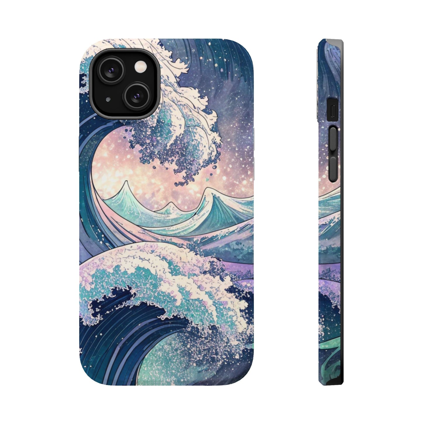 iPhone case with vibrant crashing waves design and built-in MagSafe magnet, dual-layer protective tough case with glossy or matte finish