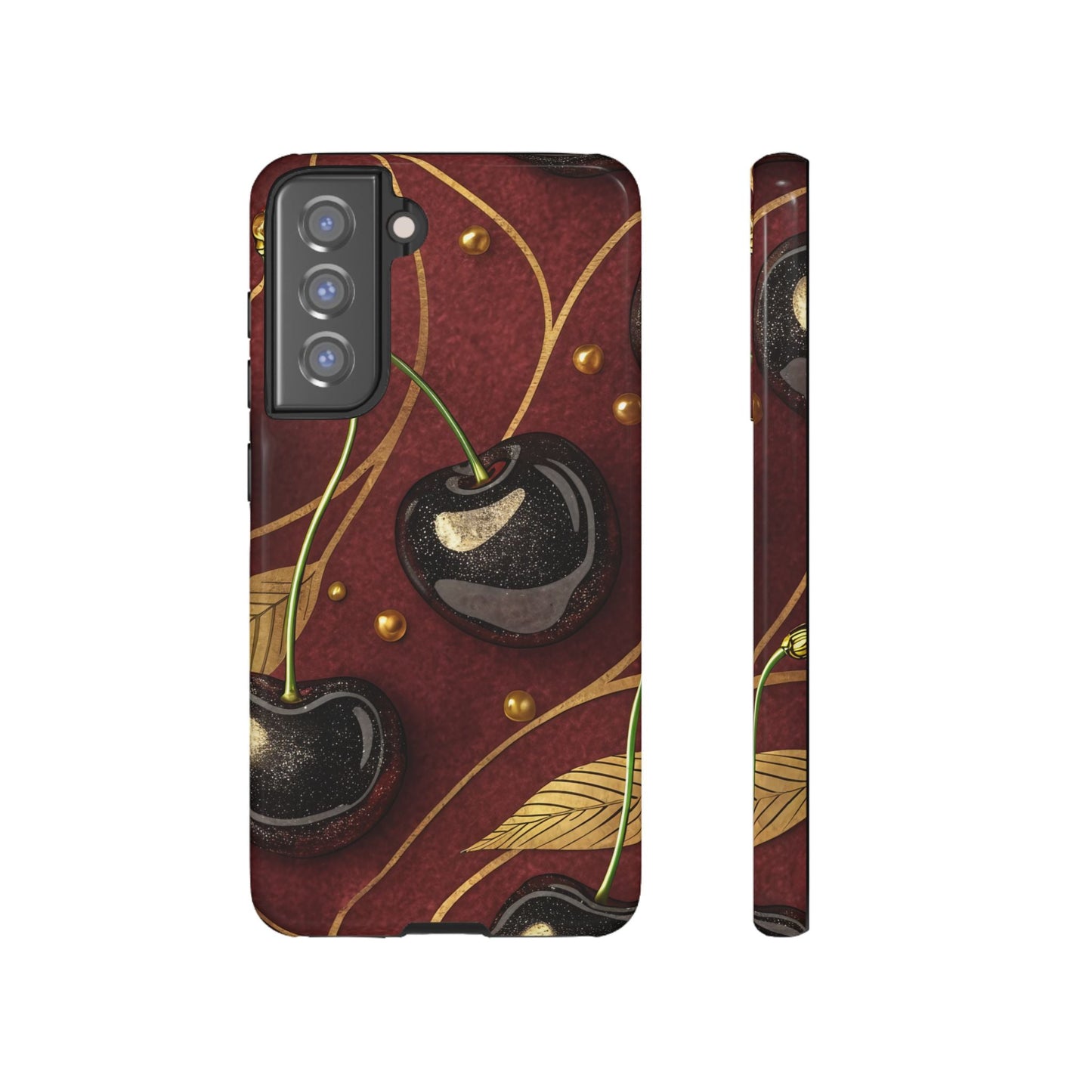 Samsung phone case with golden cherry design and durable tough protection