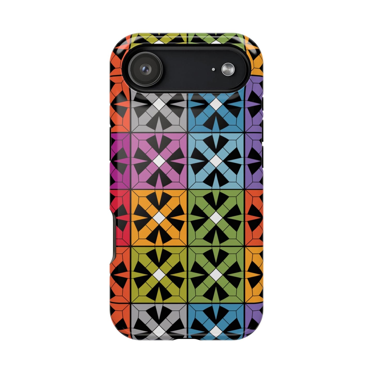 Rainbow Squares iPhone Tough Case with colorful geometric pattern and durable protection for iPhone models.