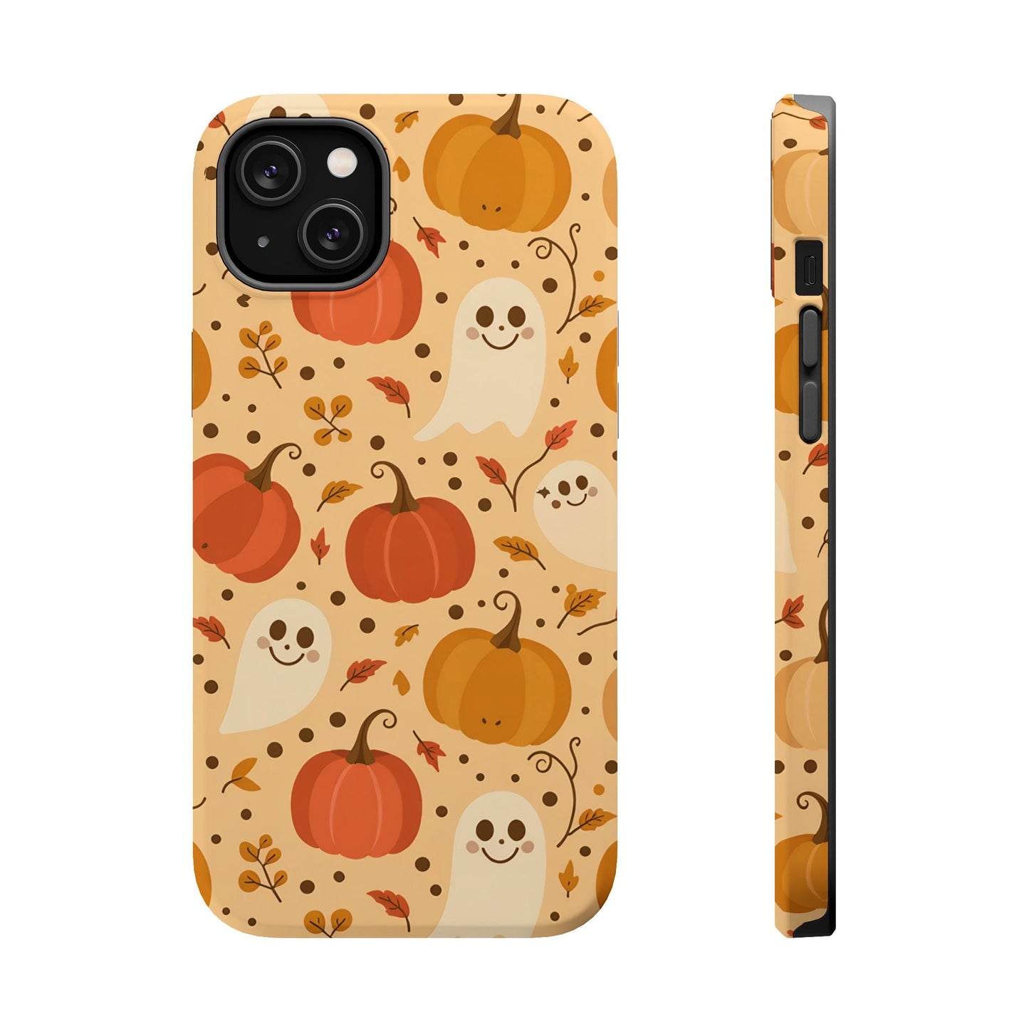 Halloween iPhone case with spooky pumpkins and ghost design, durable with MagSafe compatibility
