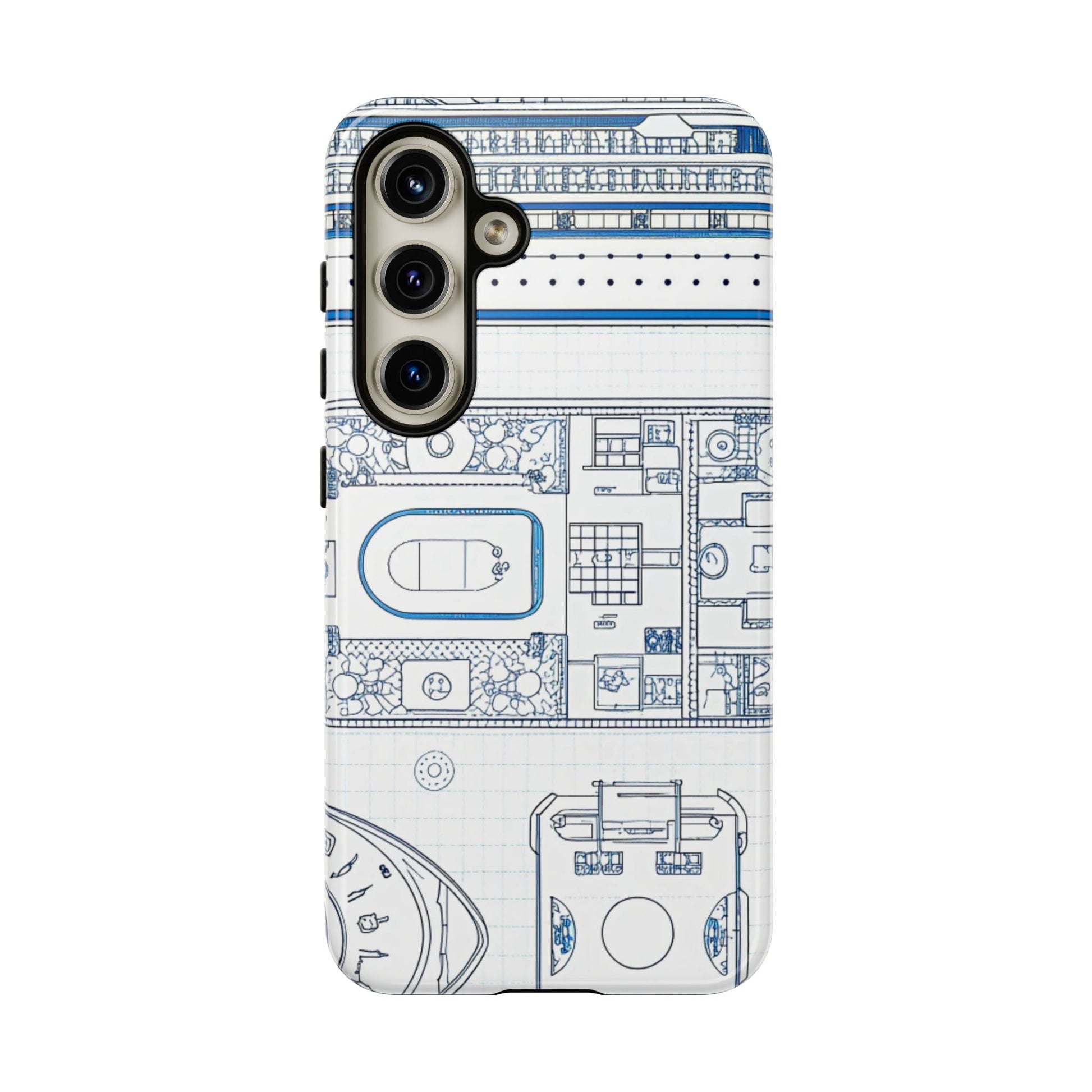 Samsung phone case with detailed cruise ship design blueprint pattern and protective durable build