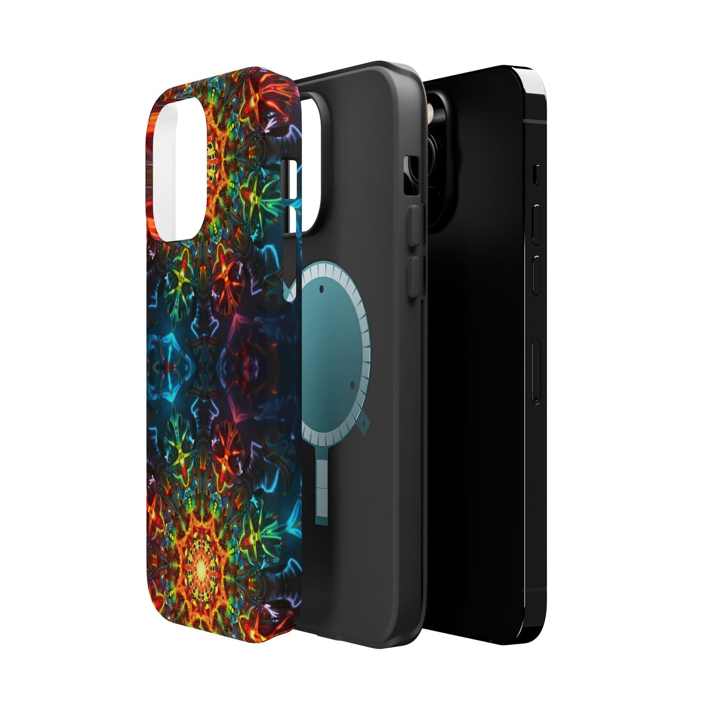 Colorful abstract kaleidoscope design iPhone case with durable dual-layer protection and MagSafe compatibility