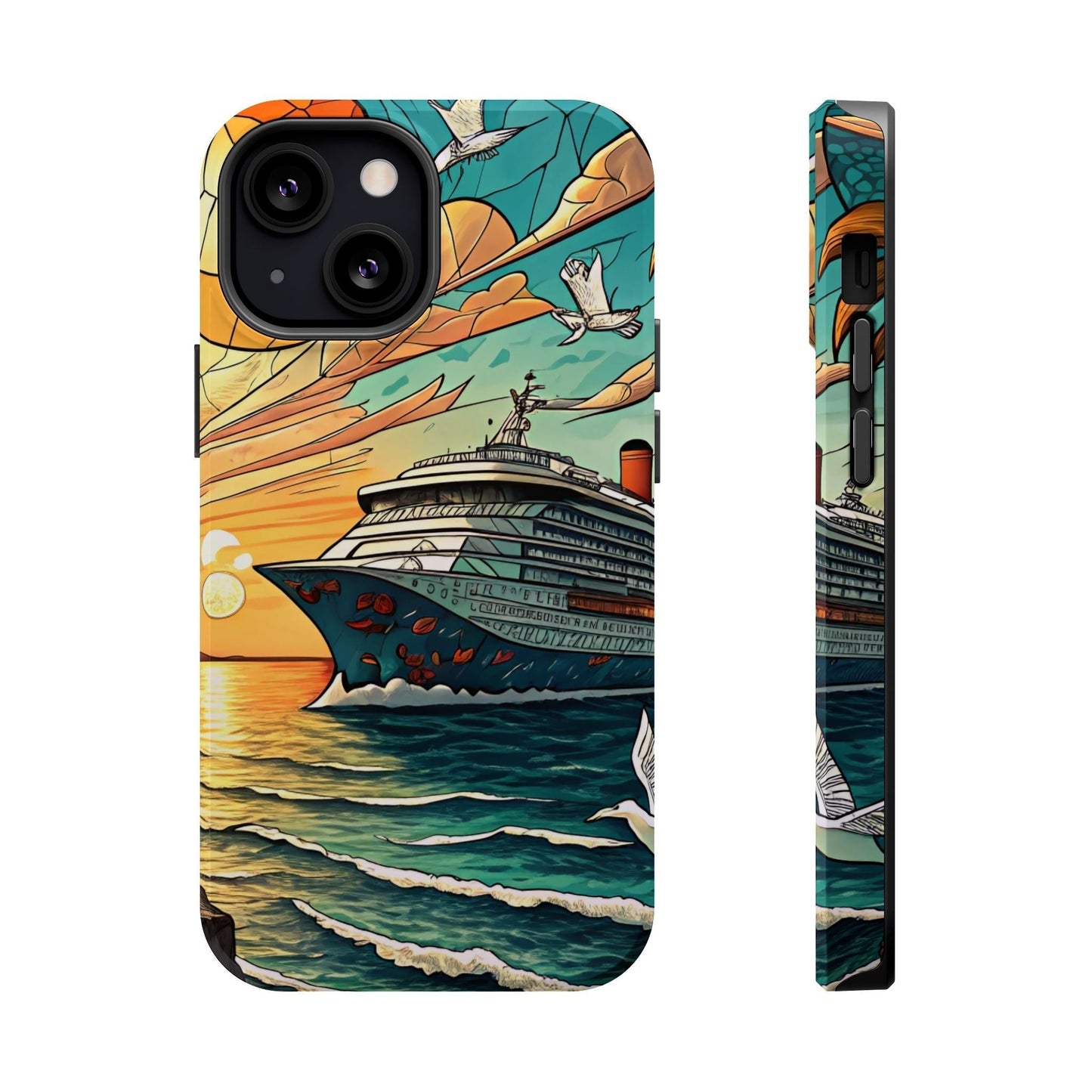 Cruise Vacation iPhone tough case with colorful ocean and cruise ship design, durable dual-layer protection, and MagSafe support.