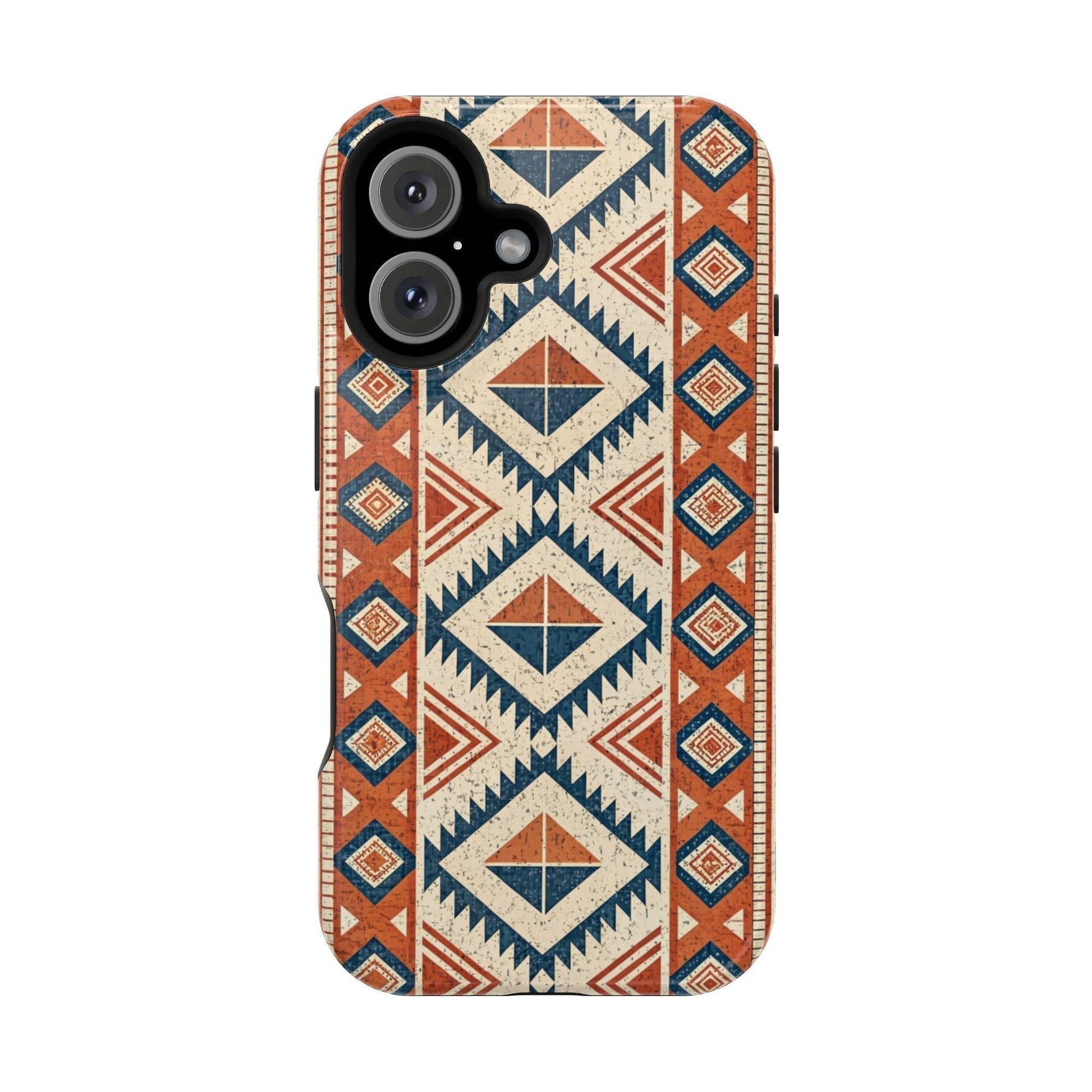 iPhone magnetic tough case with tribal inspired pattern in matte finish, durable dual-layer protection with MagSafe compatibility