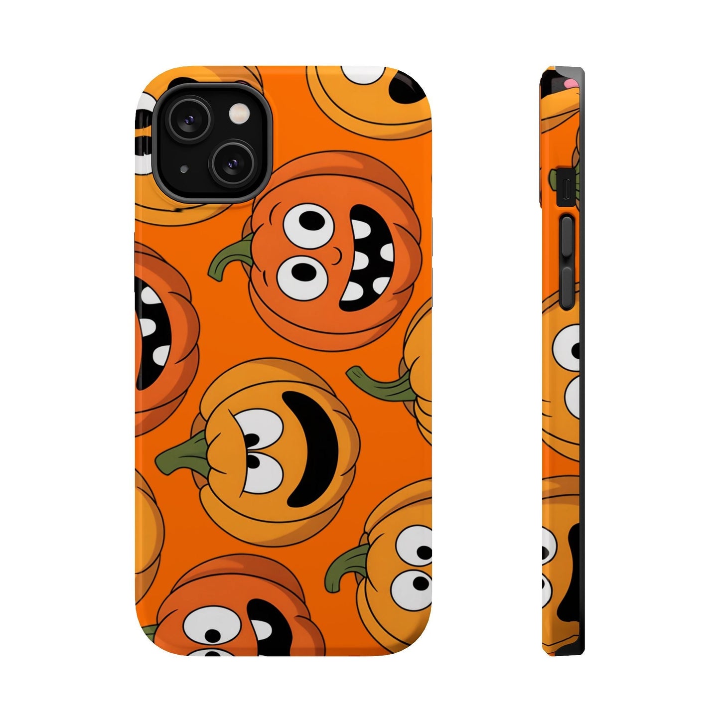Moody Pumpkins Design iPhone case with animated pumpkin faces on orange background, durable protective cover with MagSafe compatibility.
