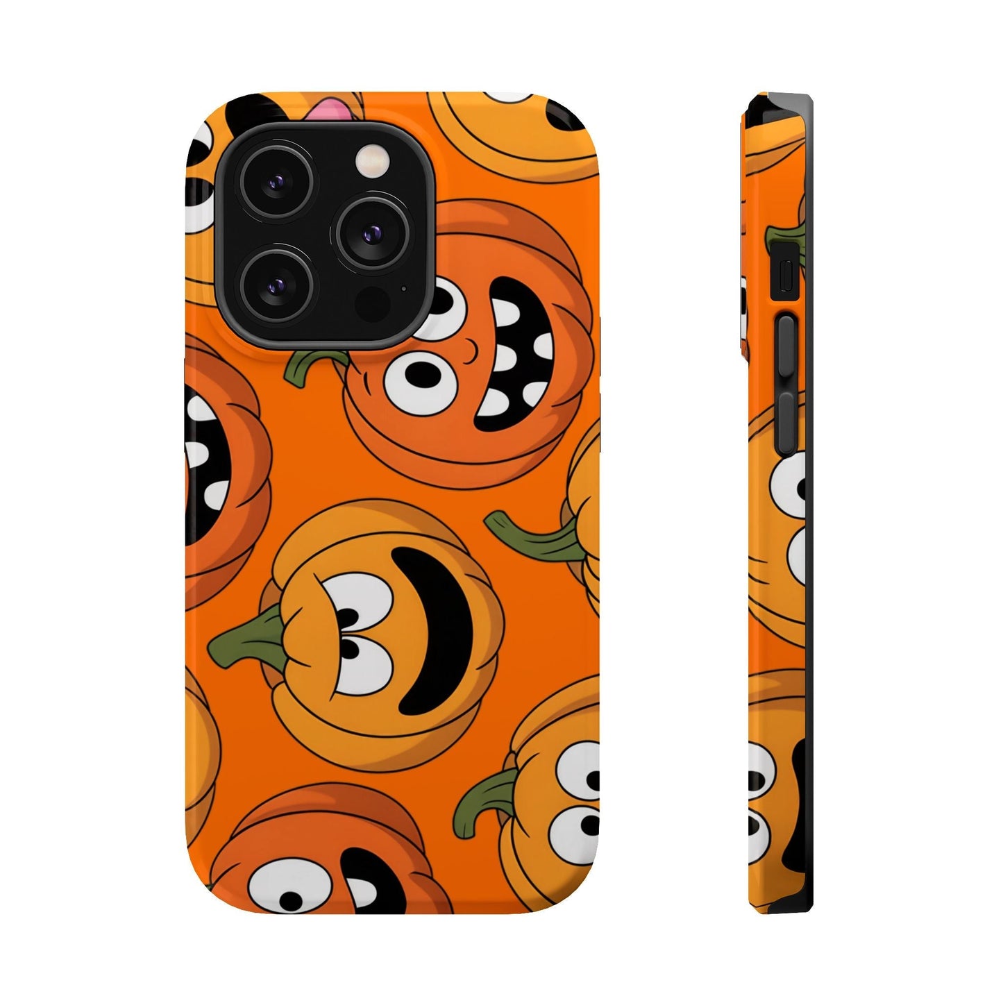 iPhone case with Moody Pumpkins Design featuring spooky orange pumpkin faces on a protective cover