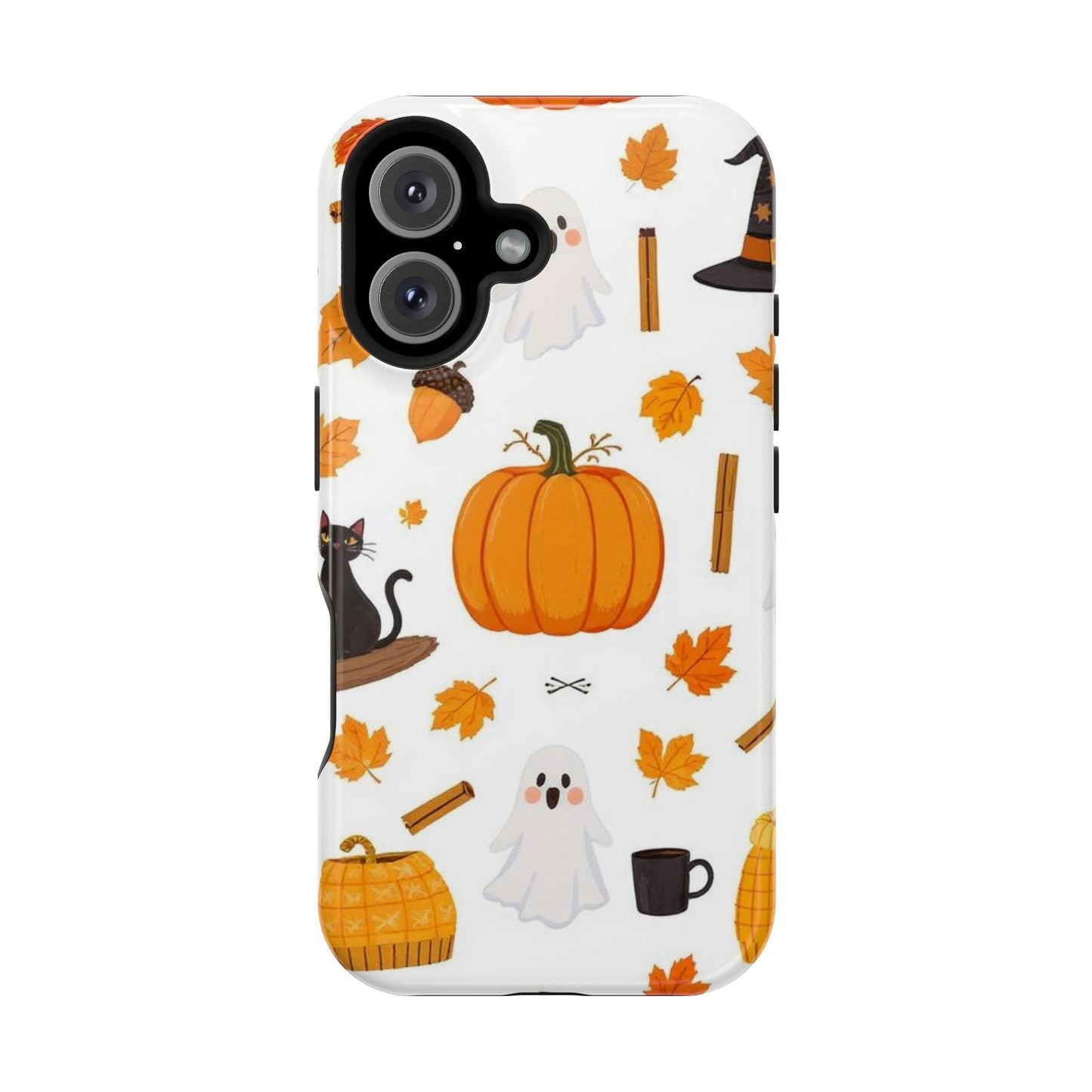 Halloween Pumpkins iPhone case with ghosts, pumpkins, autumn leaves, and black cat design
