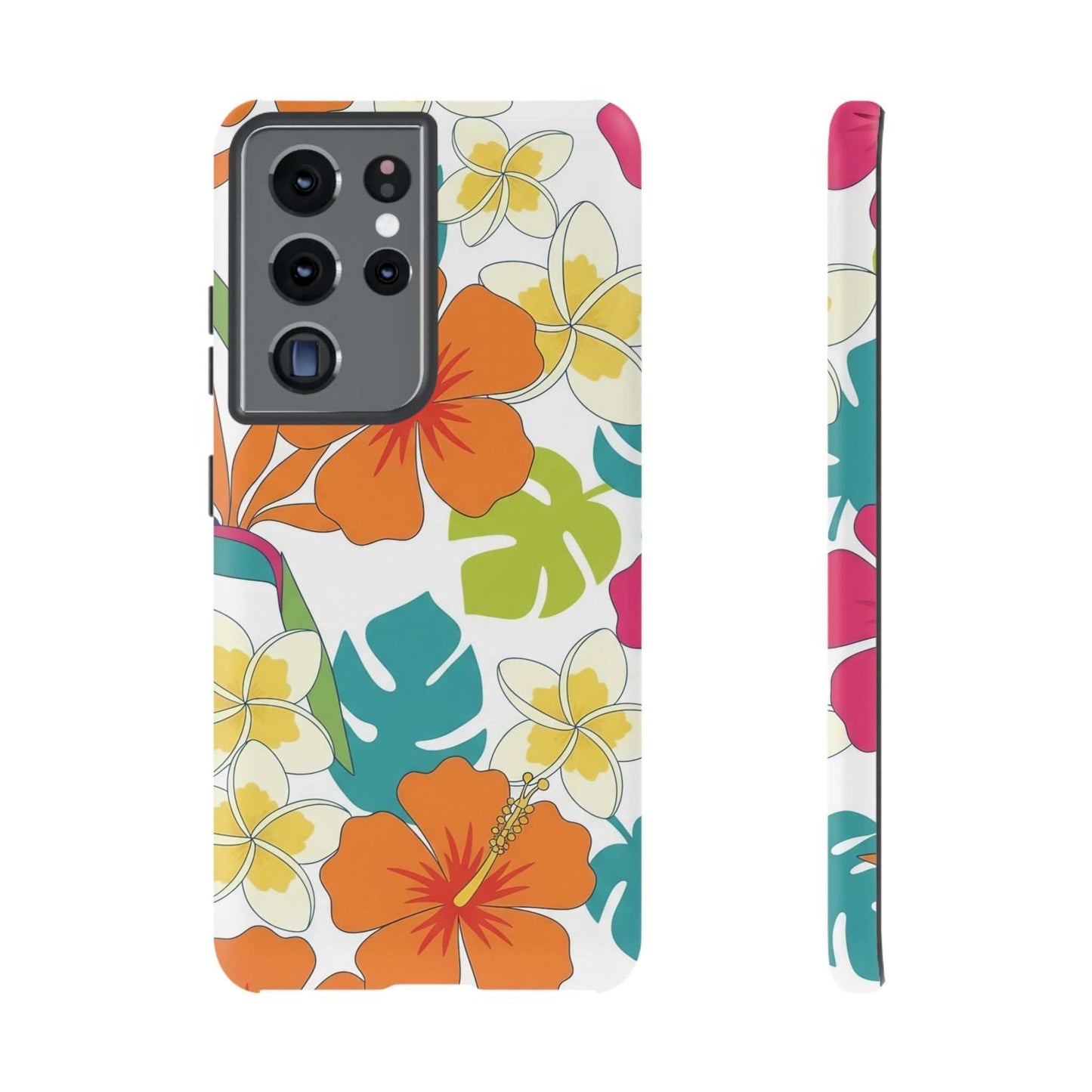 Orange floral Samsung case with vibrant tropical flowers and durable protective design