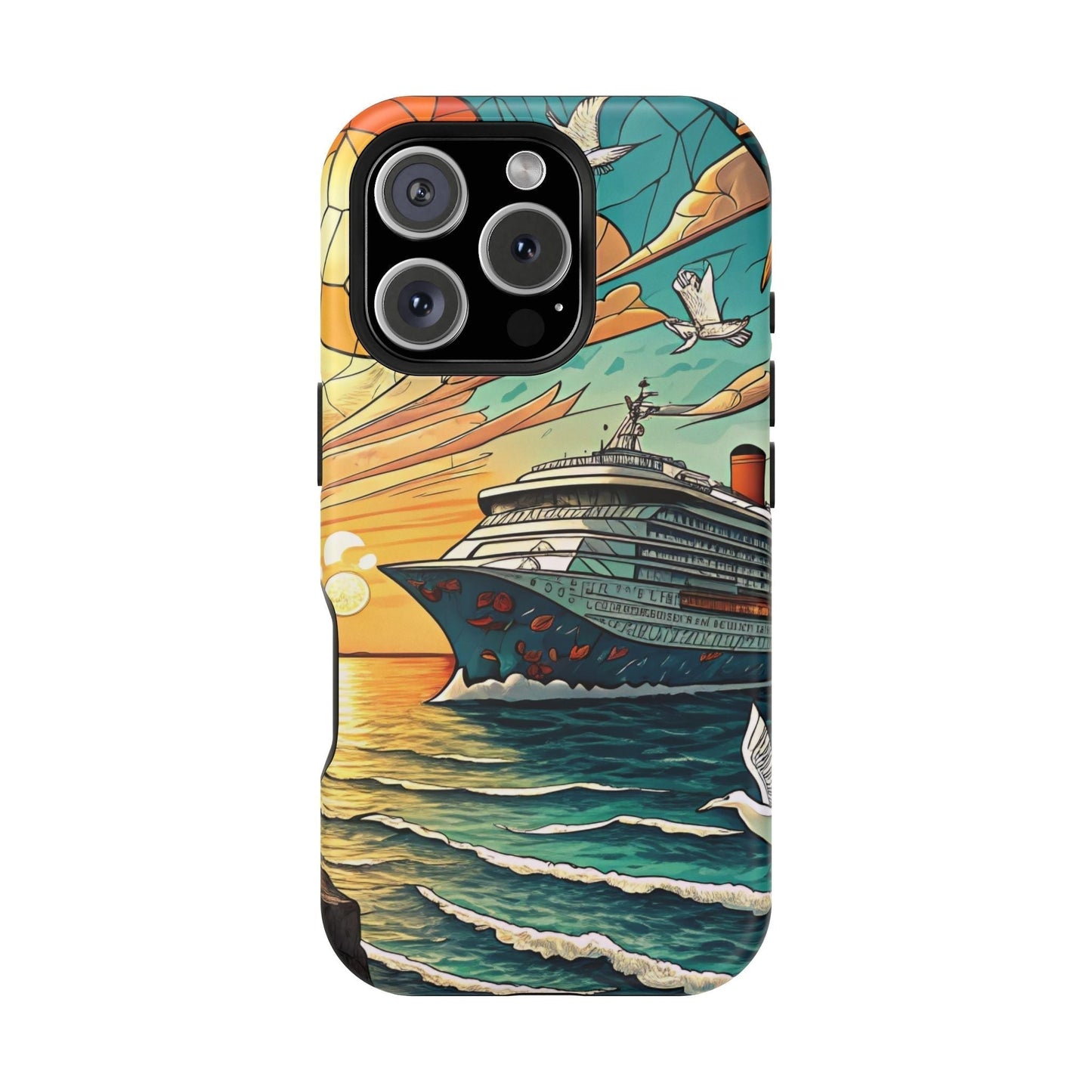 Cruise Vacation iPhone case with colorful cruise ship and ocean sunset design, durable dual-layer protection with MagSafe support.