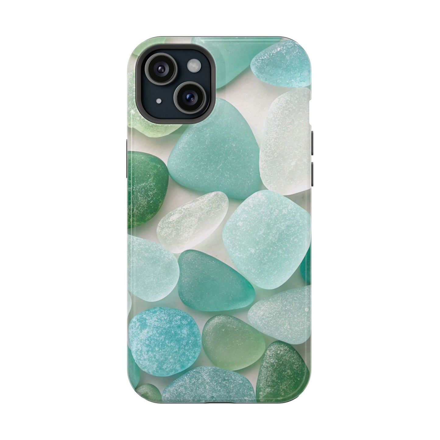 iPhone case with sea glass inspired design in calming blue and green tones, durable dual-layer protection with MagSafe magnet