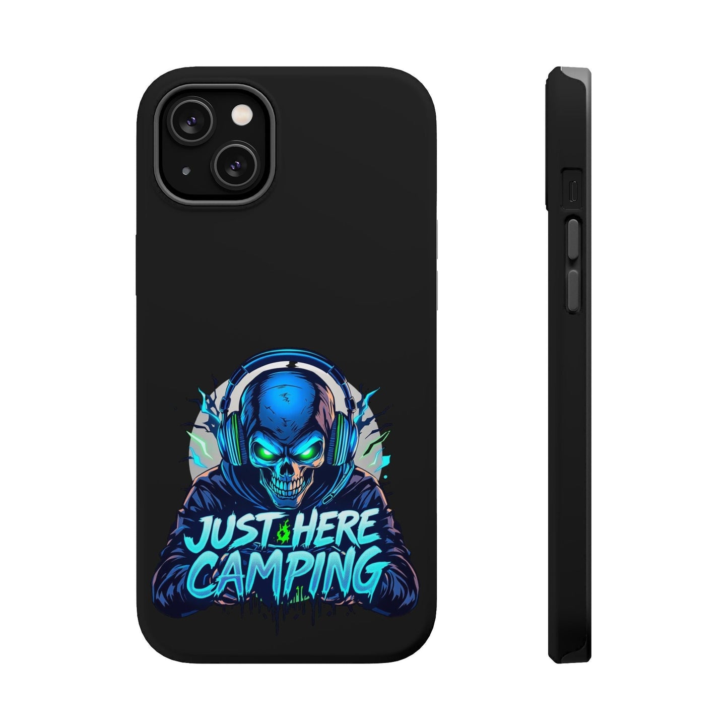 Black iPhone tough case with "Just Here Camping" gaming skull design and built-in MagSafe magnet