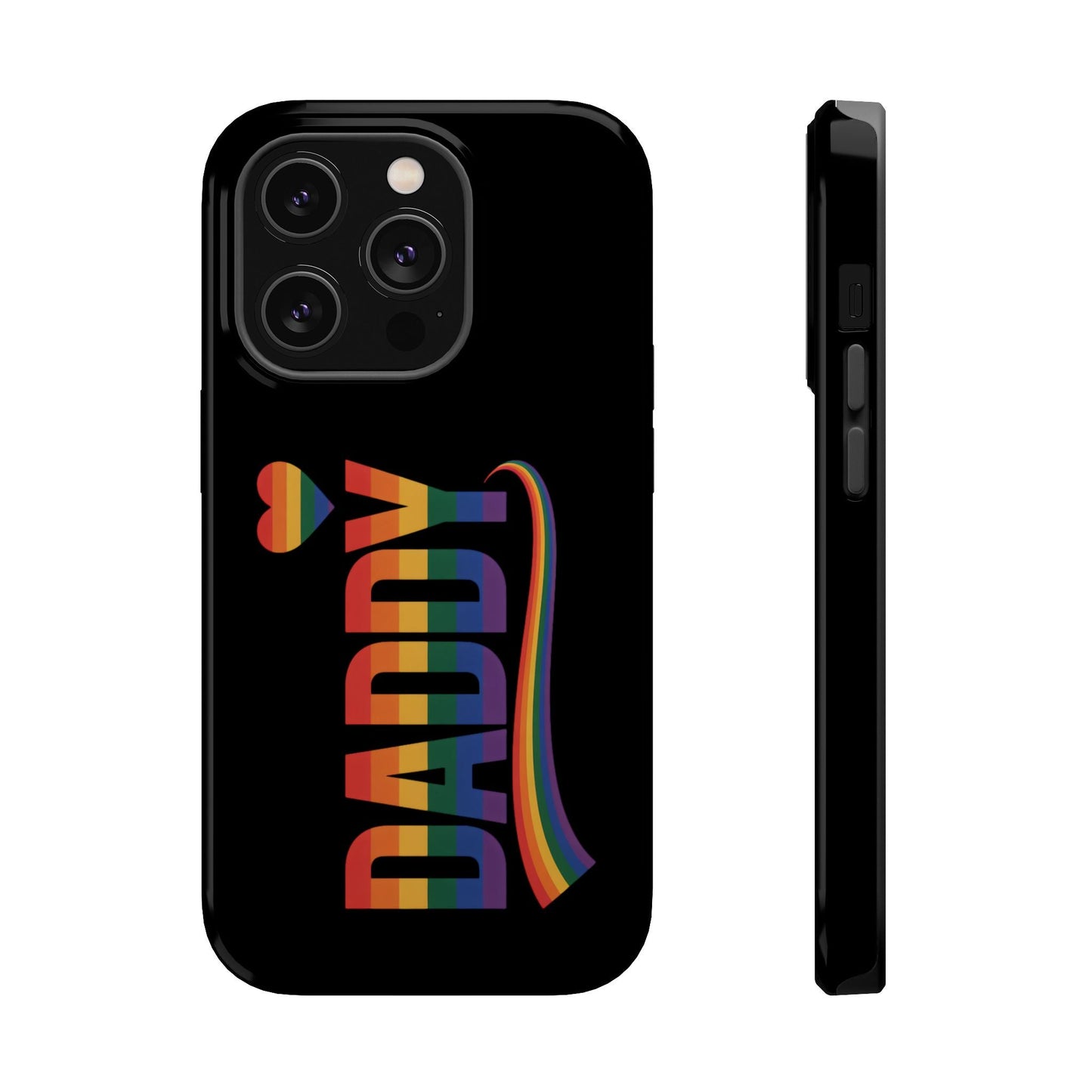Fun Daddy LGBT Daddy iPhone tough case with rainbow design on black background, durable protective cover with MagSafe compatibility
