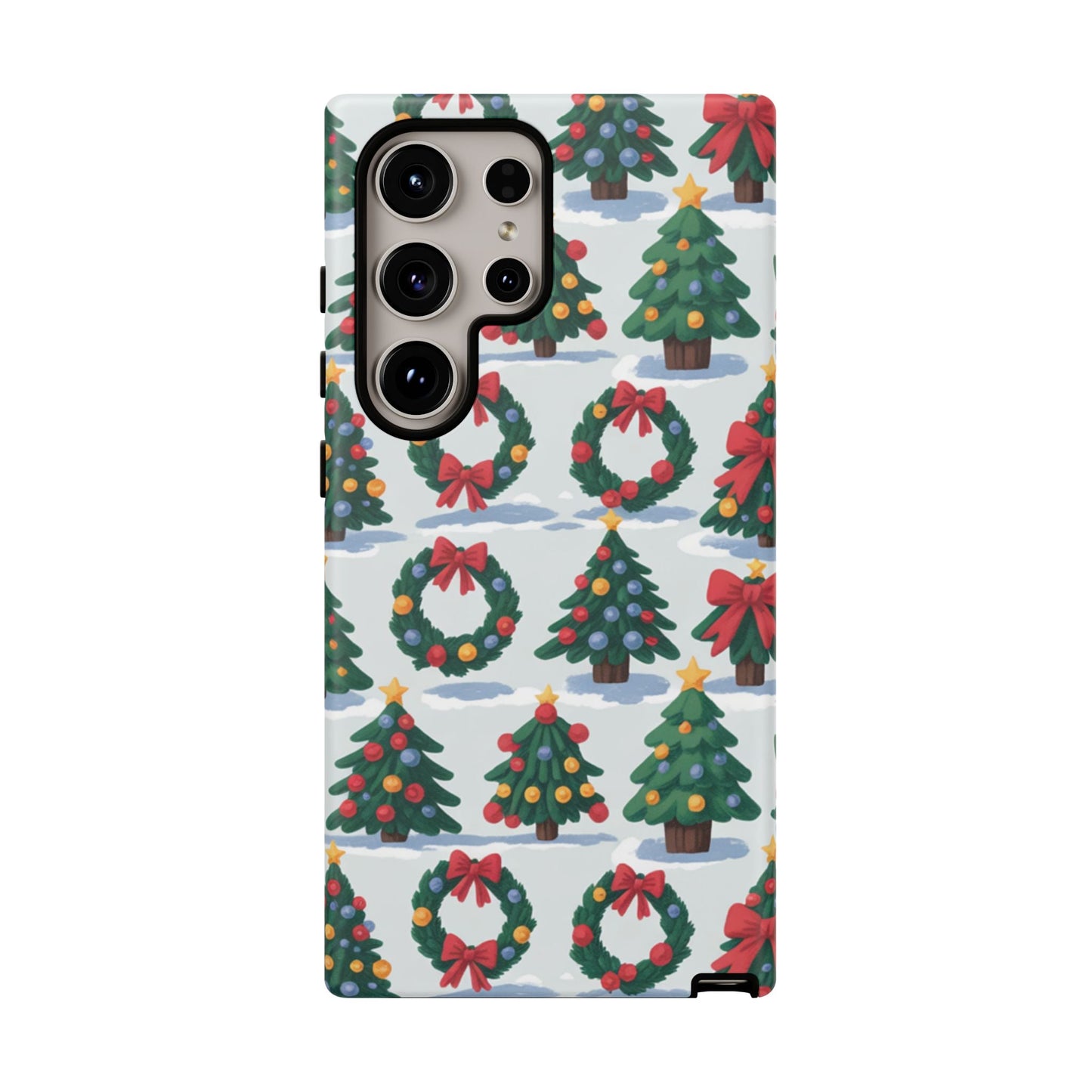 Samsung phone case with festive holiday wreath and decorated tree pattern for Christmas celebration