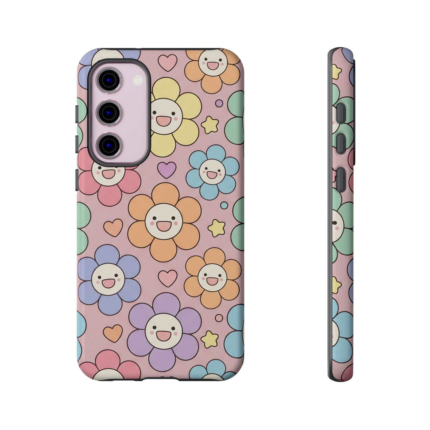 Happy Flower Samsung phone case with colorful smiling floral pattern and durable dual-layer protection