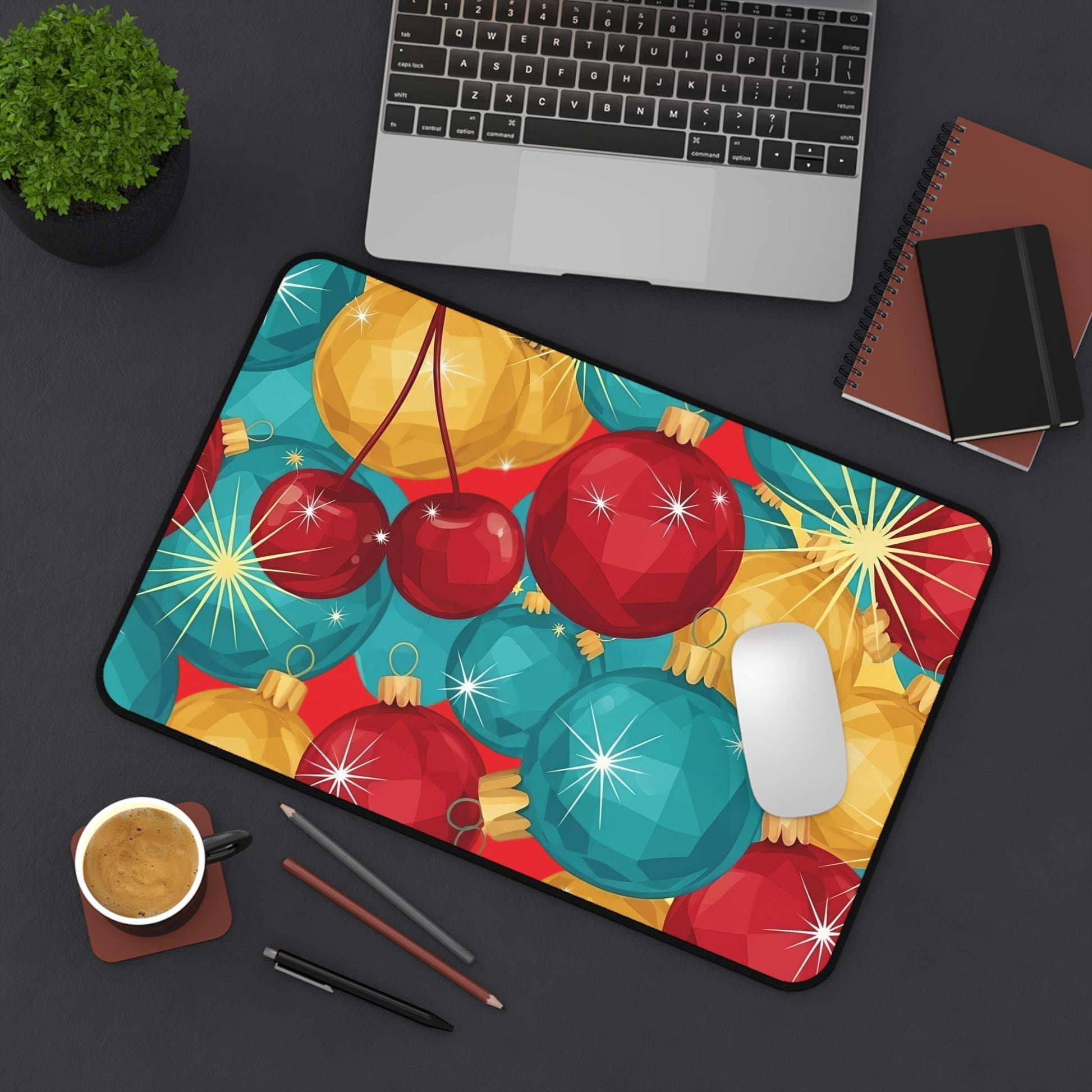 Holiday-themed desk mat with colorful Christmas tree bulb design on a workspace with laptop and mouse