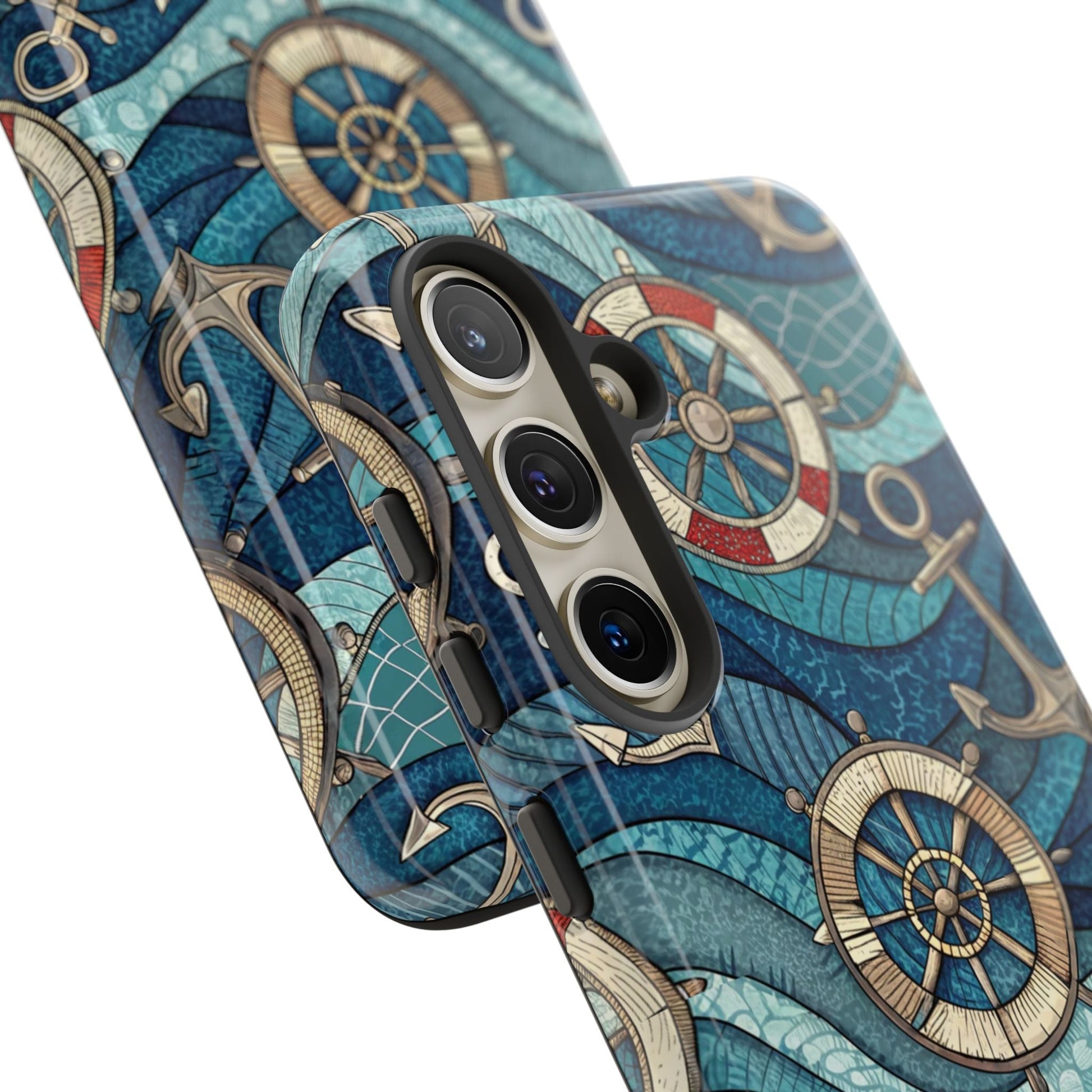Nautical Anchor Samsung Tough Case with life preserver and ship wheel design for Samsung Galaxy phone, durable and shock-absorbent phone cover.