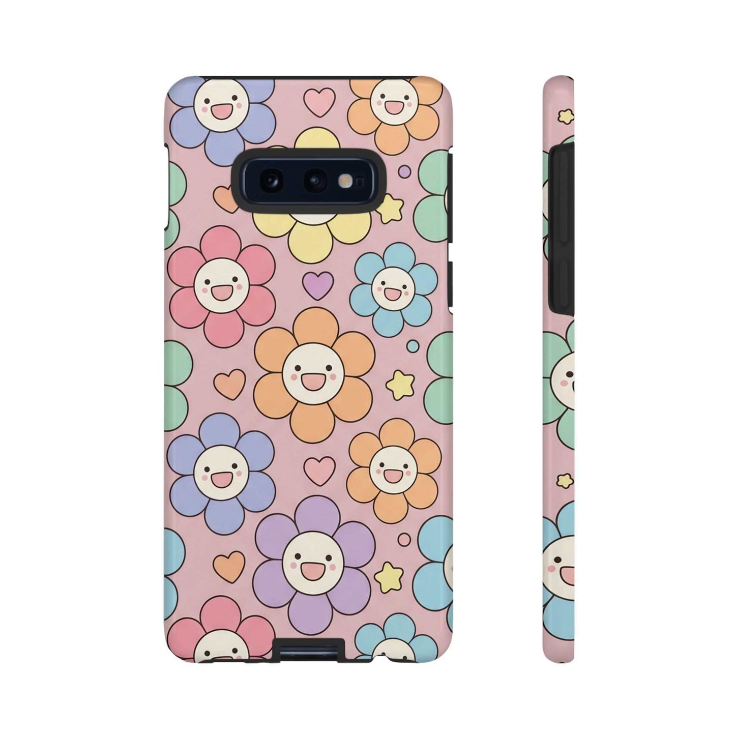 Stylish phone case with colorful smiling flower pattern and protective dual-layer design