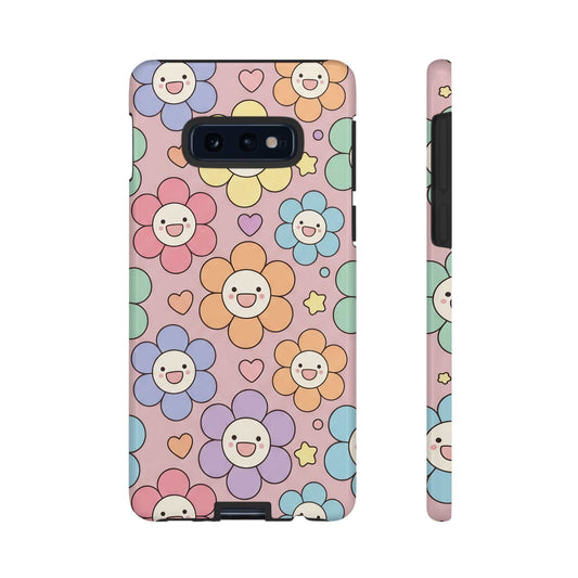 Stylish phone case with colorful smiling flower pattern and protective dual-layer design