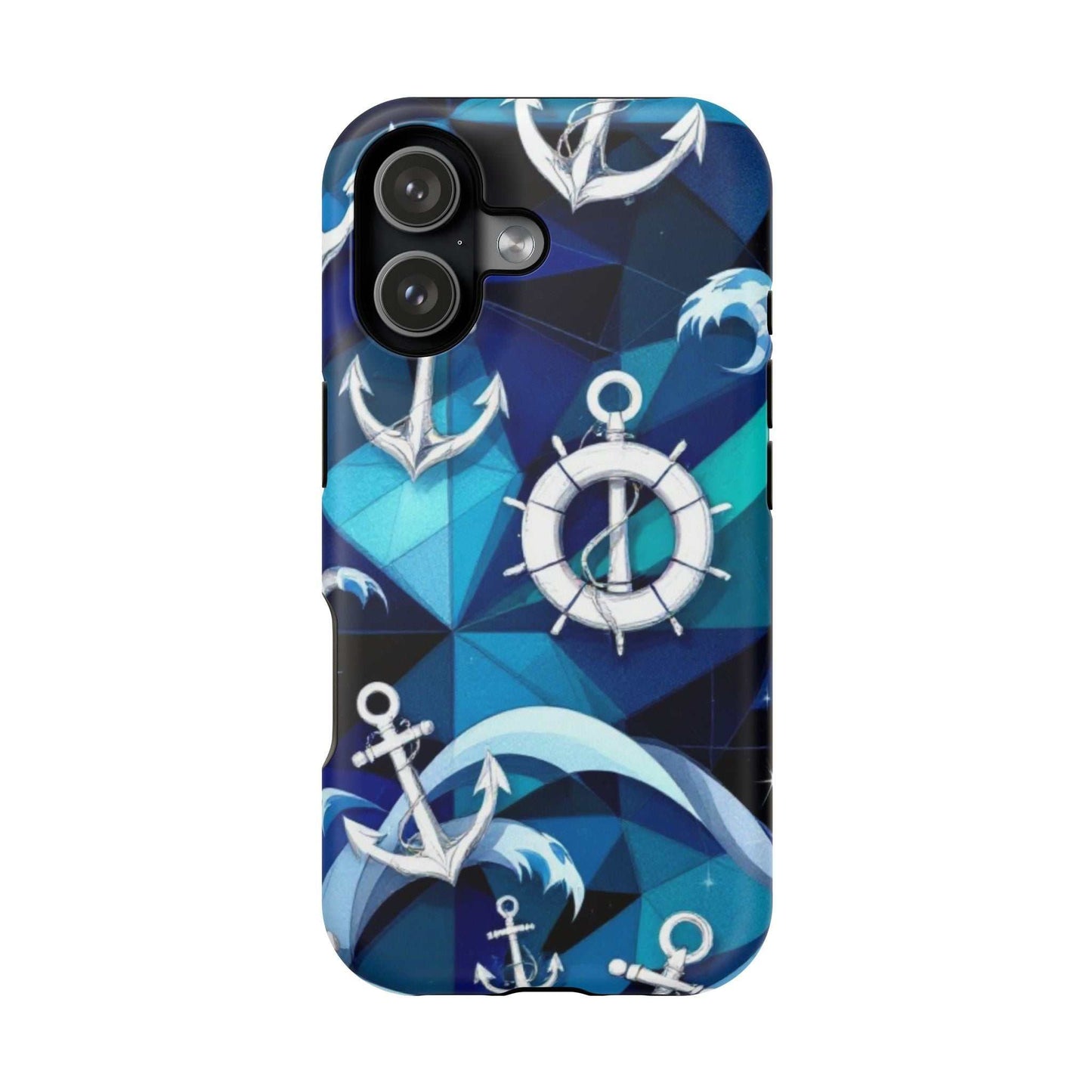 Nautical Anchors iPhone Case with maritime design, durable dual-layer protection, and MagSafe compatibility in blue coastal theme