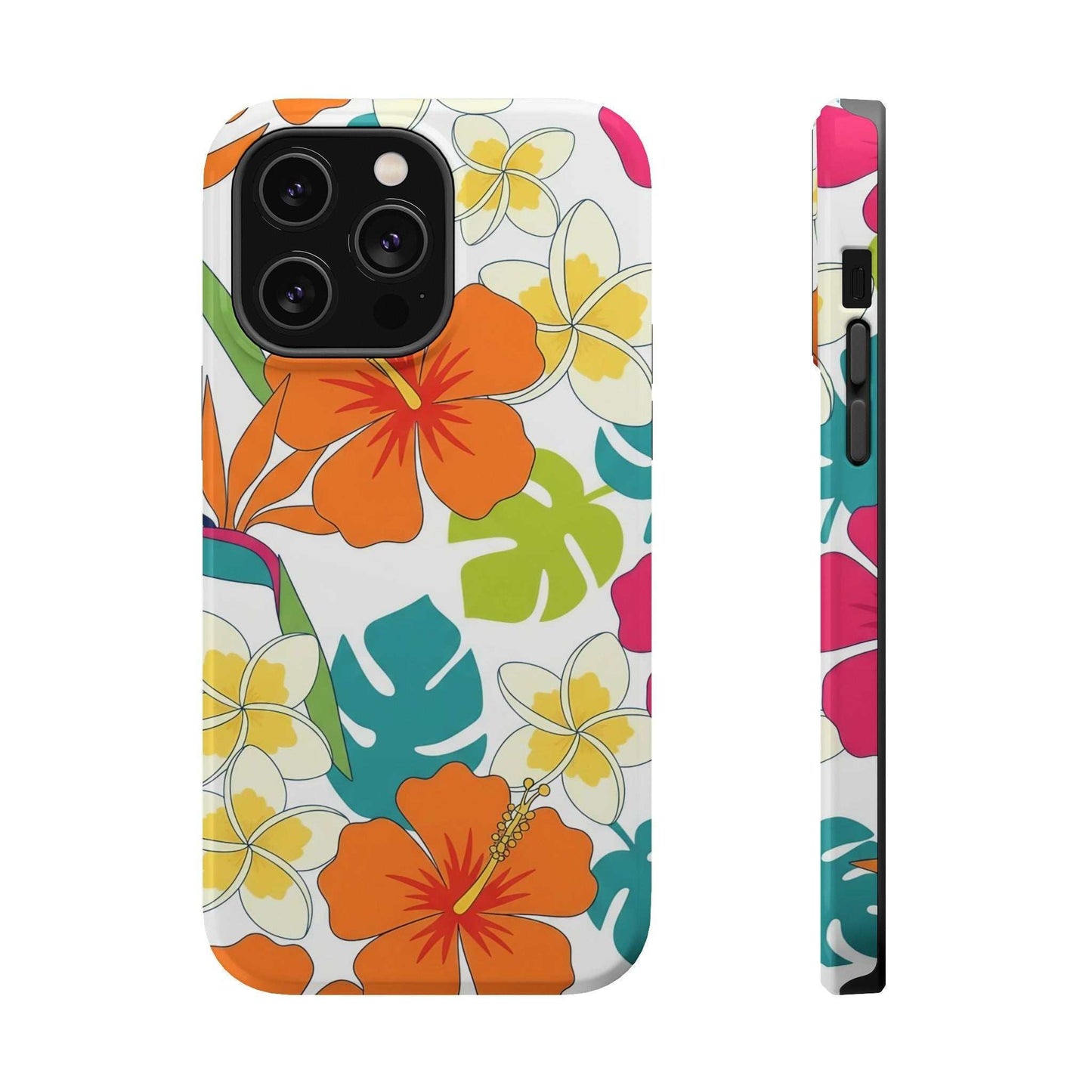Durable MagSafe Floral iPhone Case with vibrant orange and yellow tropical flowers on white background