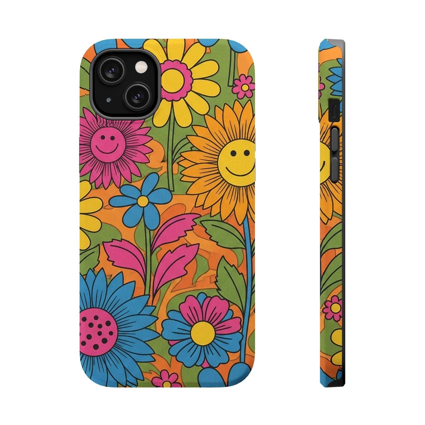 Flower Power iPhone Tough Case with vibrant smiling flowers design and durable polycarbonate construction