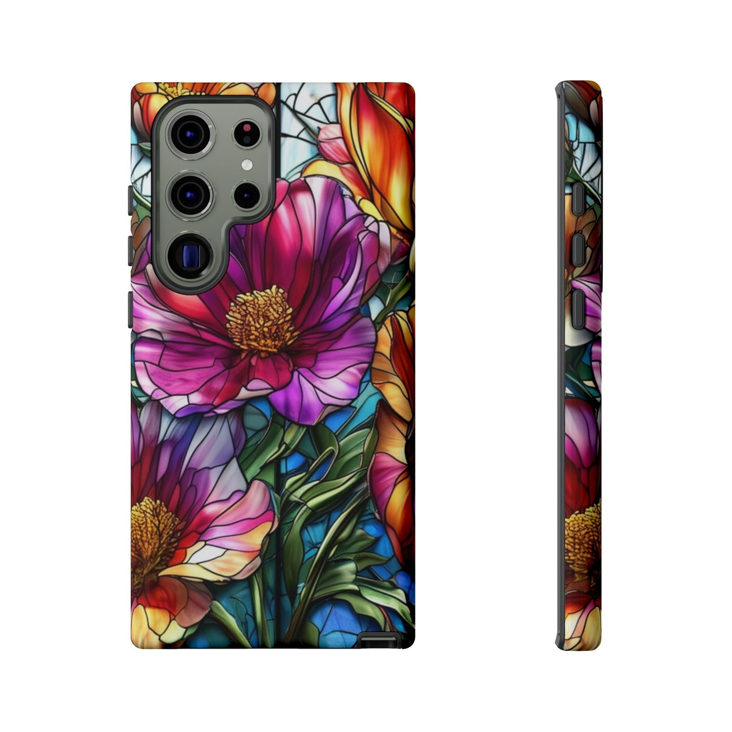 Samsung phone case with vibrant purple flower design, durable impact-resistant protection and UV coated wrap.