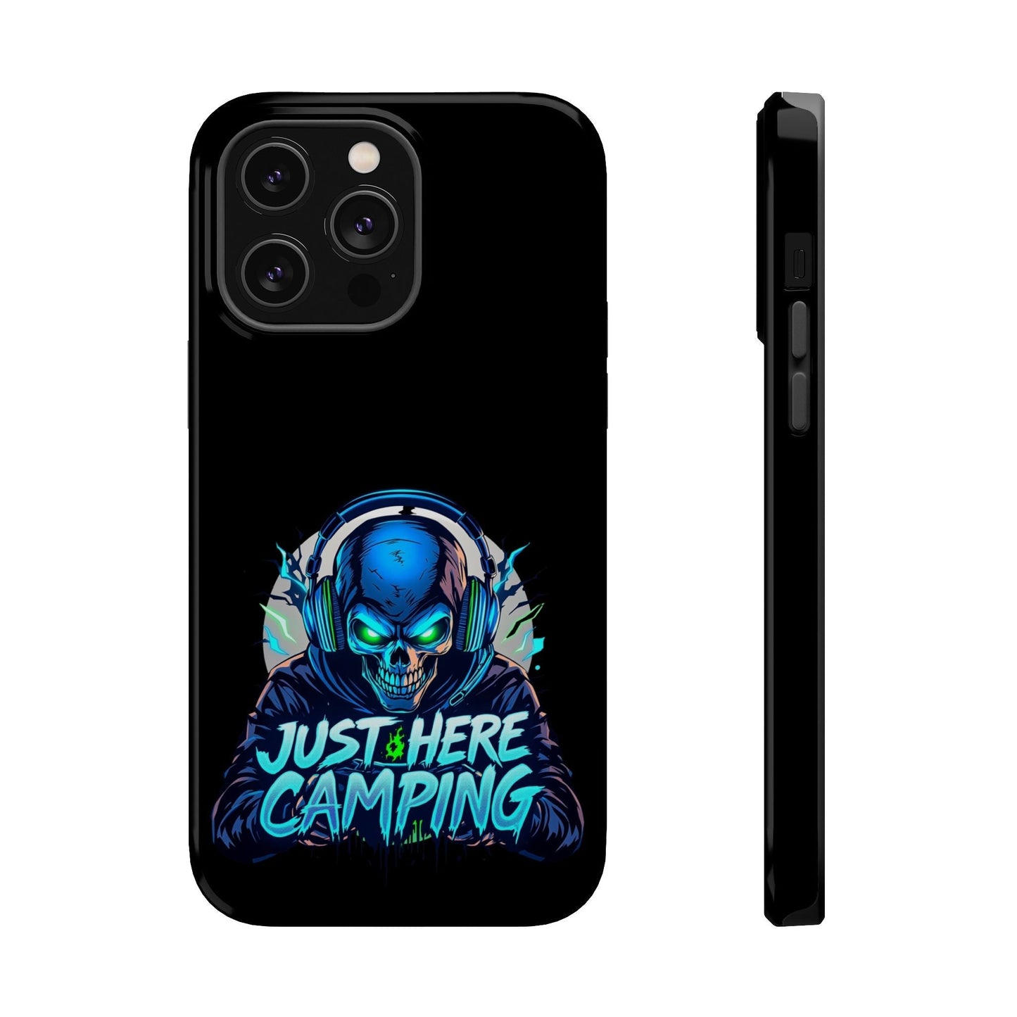 Just Here Camping Gamer design tough iPhone case with vibrant colors and MagSafe compatibility