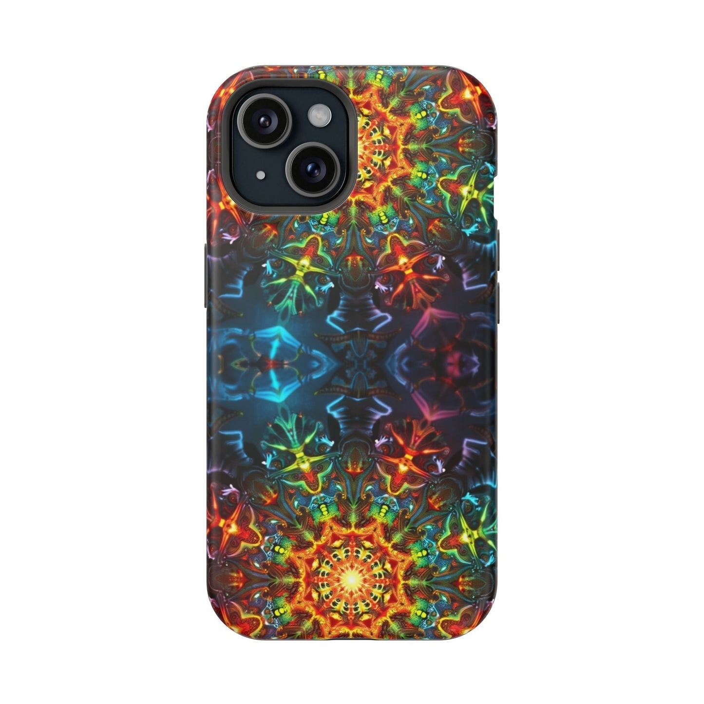 iPhone case with vibrant abstract kaleidoscope design and MagSafe magnet, durable dual-layer protection
