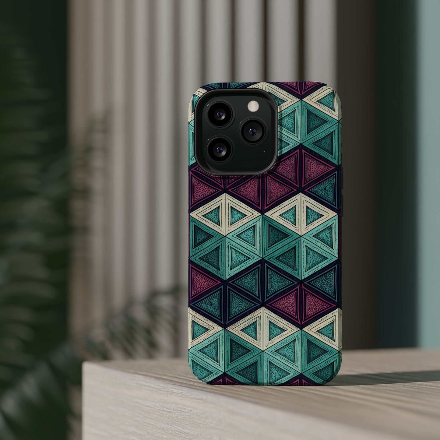 iPhone tough case with purple and teal abstract geometric pattern and MagSafe compatibility