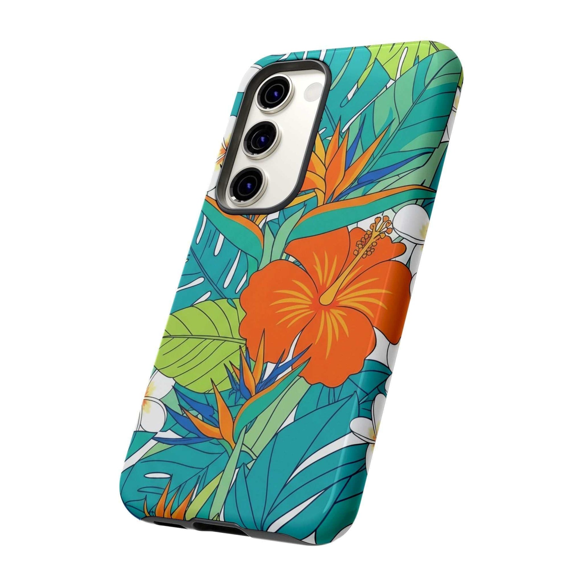 Vibrant floral Samsung case with tropical design, dual-layer protection, and shock absorption for outdoor durability