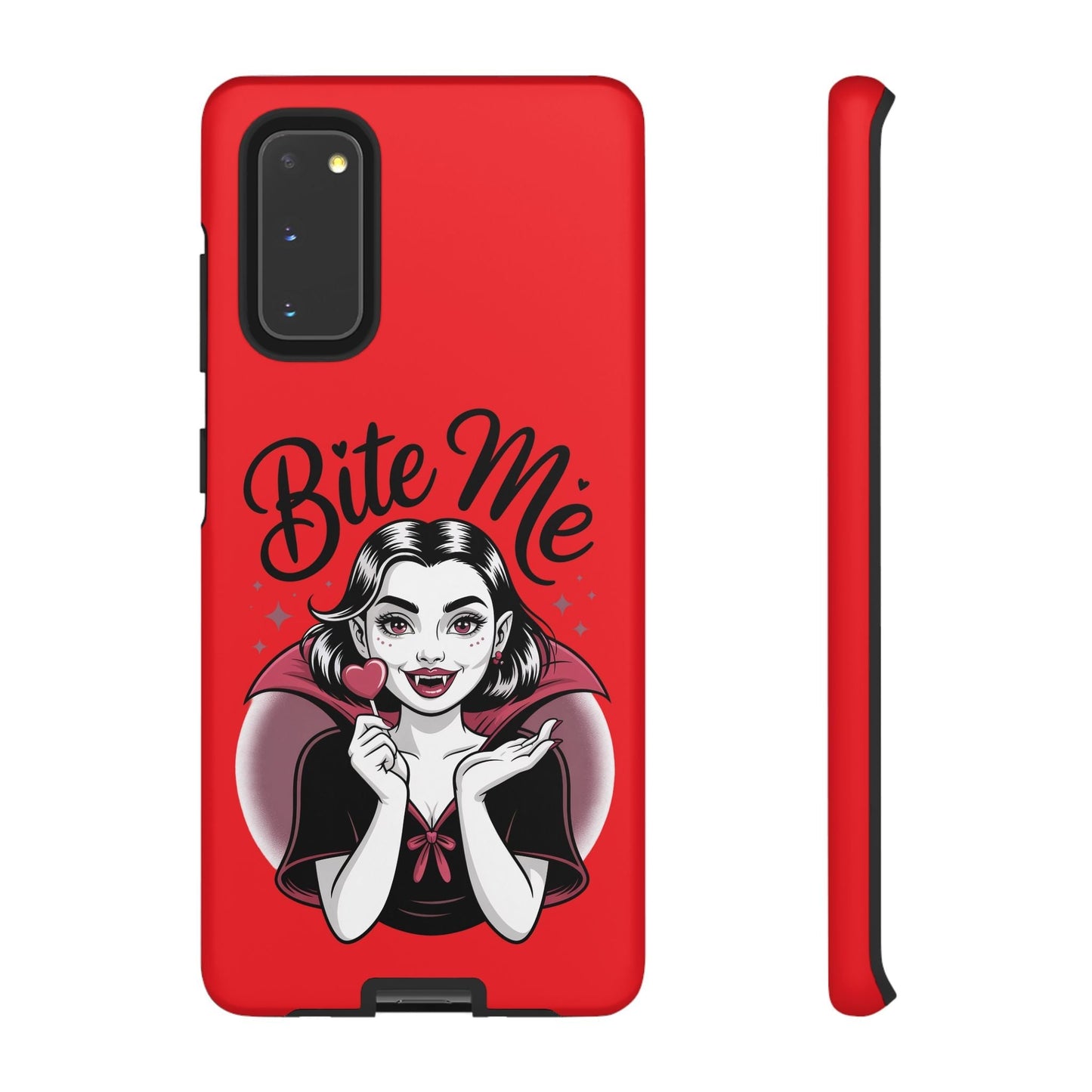 Red Samsung phone case with cartoon vampire girl holding a heart lollipop and text "Bite Me" design, durable and impact-resistant for Halloween fans.