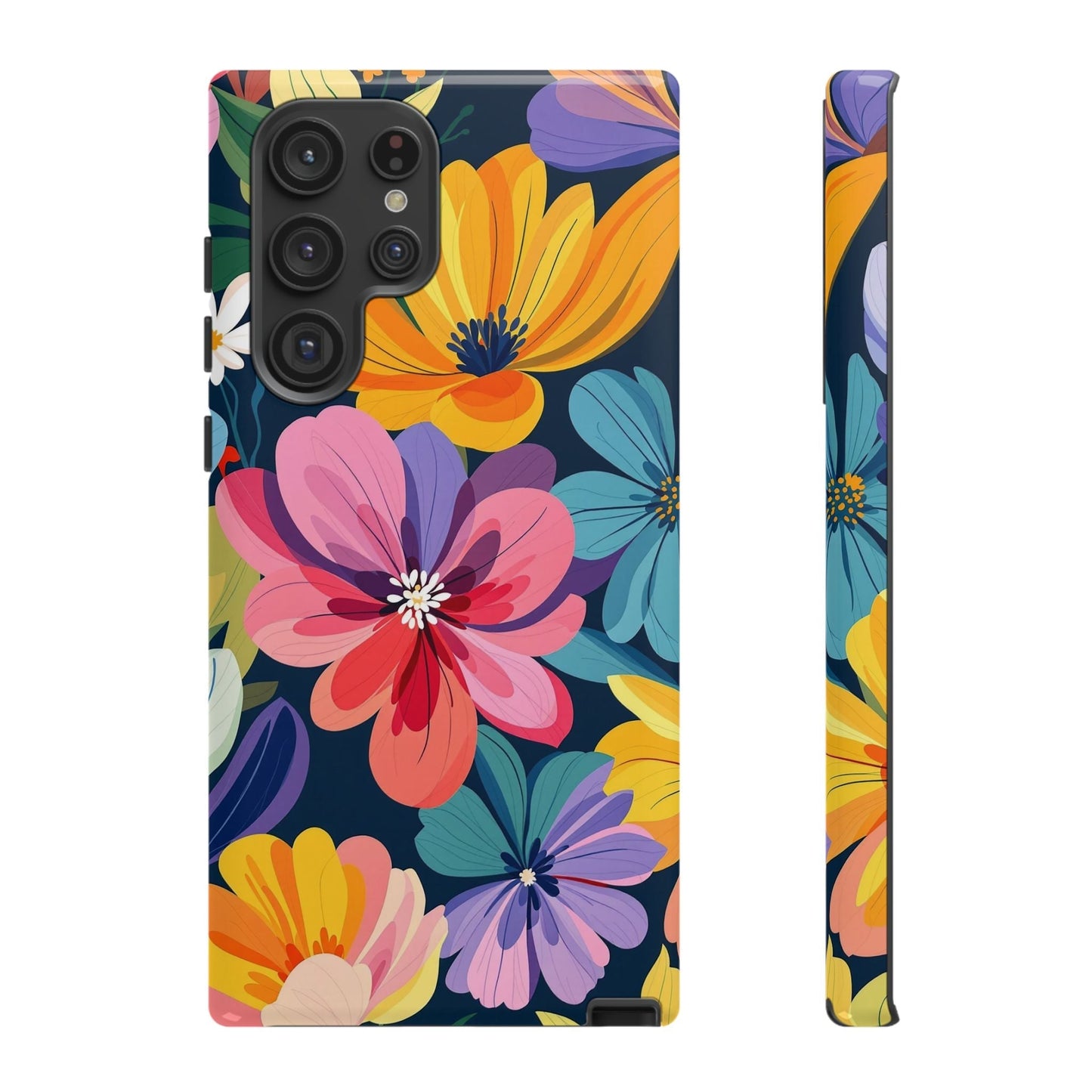 Colorful floral Samsung phone case with vibrant flower design and shock-absorbing silicone liner