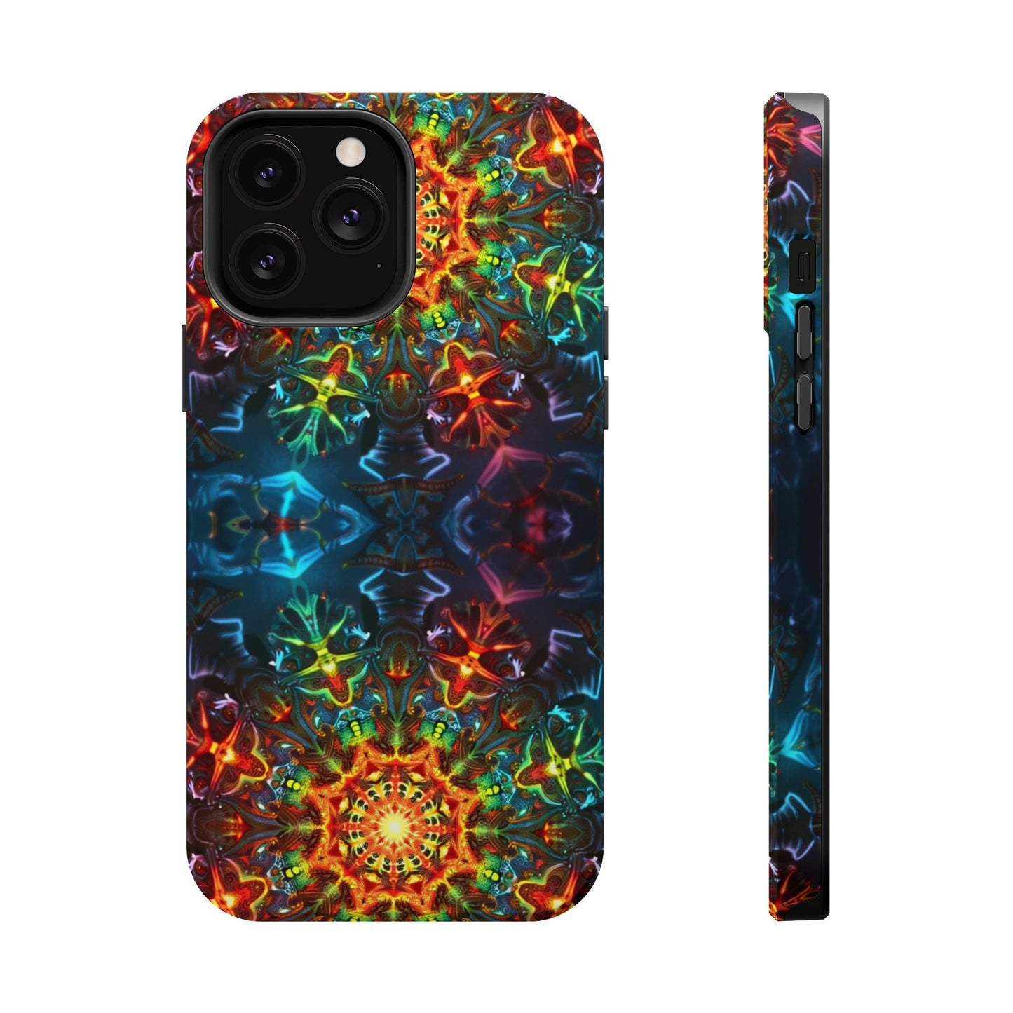 iPhone case with vibrant abstract kaleidoscope design in colorful, protective dual-layer style with MagSafe compatibility
